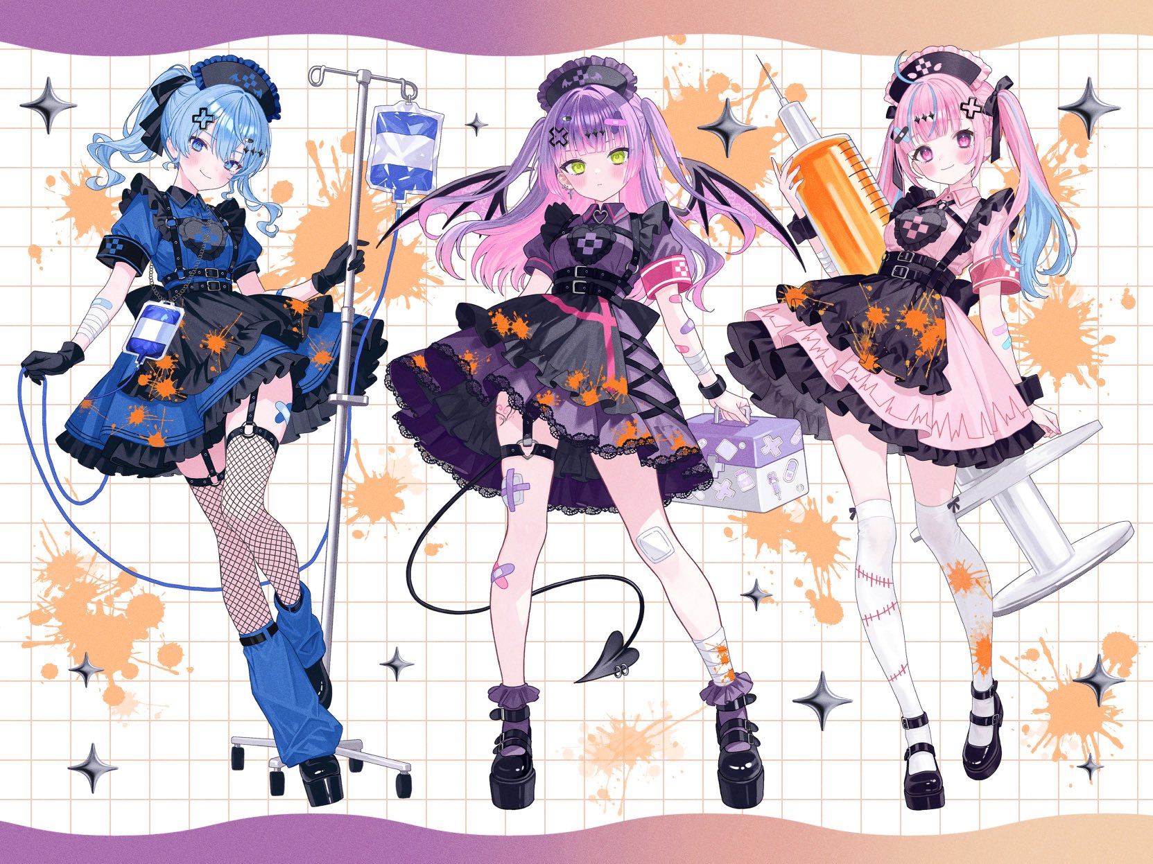 yuzuriha (nx e78), hoshimachi suisei, minato aqua, tokoyami towa, hololive, highres, 3girls, apron, bandaid, bandaid on arm, bandaid on leg, black apron, black gloves, blue eyes, blue hair, blue socks, demon tail, dress, fishnet thighhighs, fishnets, frills, full body, garter straps, gloves, green eyes, hair ornament, hat, holding, intravenous drip, long hair, looking at viewer, multicolored hair, multiple girls, nurse, nurse cap, o-ring, o-ring thigh strap, piercing, pink hair, purple hair, short sleeves, socks, streaked hair, syringe, tail, tail ornament, tail piercing, thigh strap, thighhighs, virtual youtuber, x hair ornament