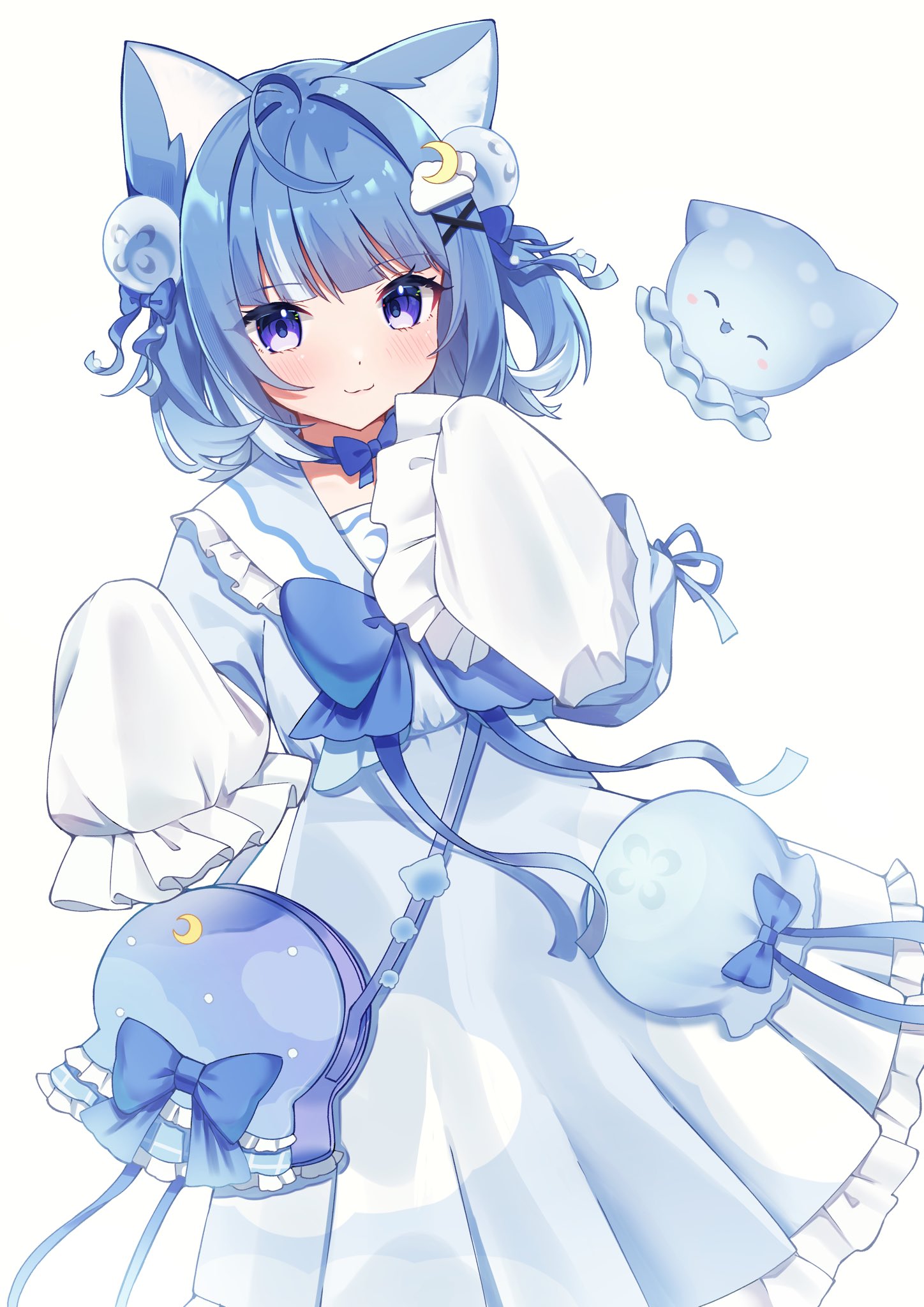 100ton250, original, highres, 1girl, :3, bag, blue bow, blue choker, blue dress, blue eyes, blue hair, blush, bow, choker, dress, frills, hair ornament, looking at viewer, purple eyes, sleeves past fingers, sleeves past wrists, smile, solo, virtual youtuber, white background