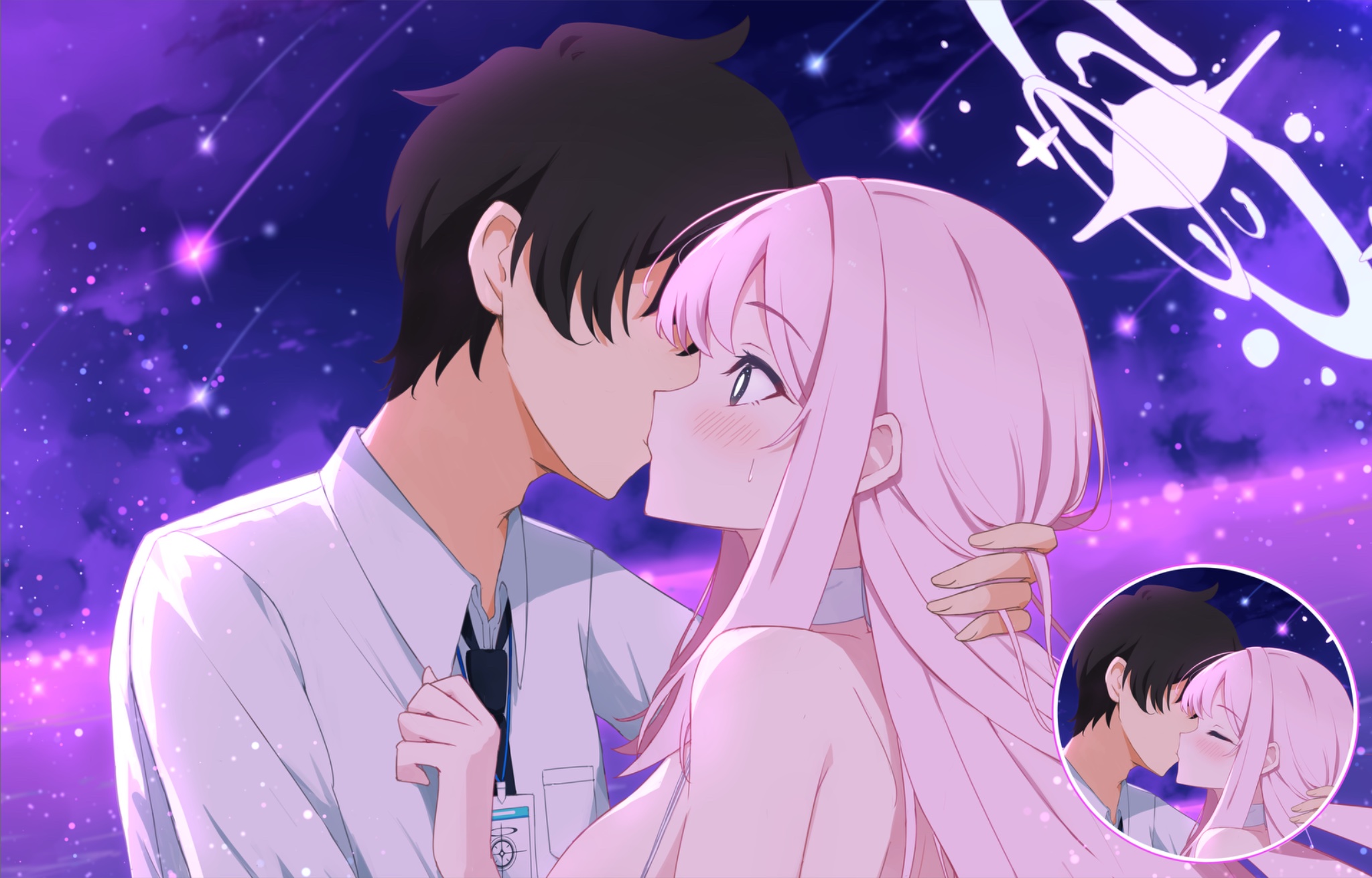 holy-san (makuu), mika (blue archive), mika (swimsuit) (blue archive), sensei (blue archive), blue archive, highres, 1boy, 1girl, back, bikini, blue halo, blush, breasts, brown hair, choker, closed eyes, dress shirt, embarrassed, faceless, faceless male, gradient hair, halo, holding another's hair, kiss, large breasts, multicolored hair, multiple expressions, necktie, pink hair, pink halo, profile, schale logo, shirt, shooting star, sweatdrop, swimsuit, white bikini, white choker, wide-eyed