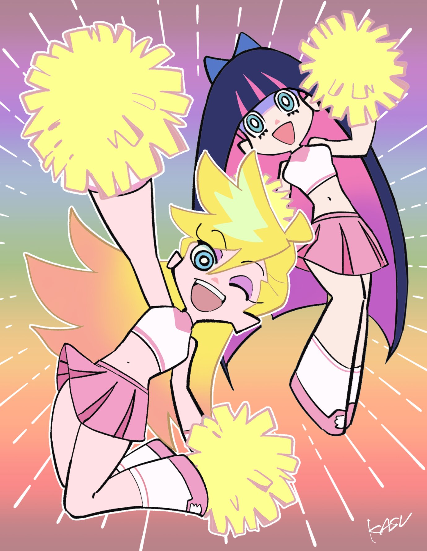 kasuga akira, panty (psg), stocking (psg), panty & stocking with garterbelt, highres, 2girls, arm up, artist name, blonde hair, blue pupils, bow, cheerleader, colored inner hair, eyebrows hidden by hair, eyeshadow, long hair, makeup, midriff, multicolored hair, multiple girls, official style, open mouth, pink hair, pink skirt, pom pom (cheerleading), rainbow background, siblings, sisters, skirt, sleeveless, smile, socks, spiked hair, two-tone hair, white socks