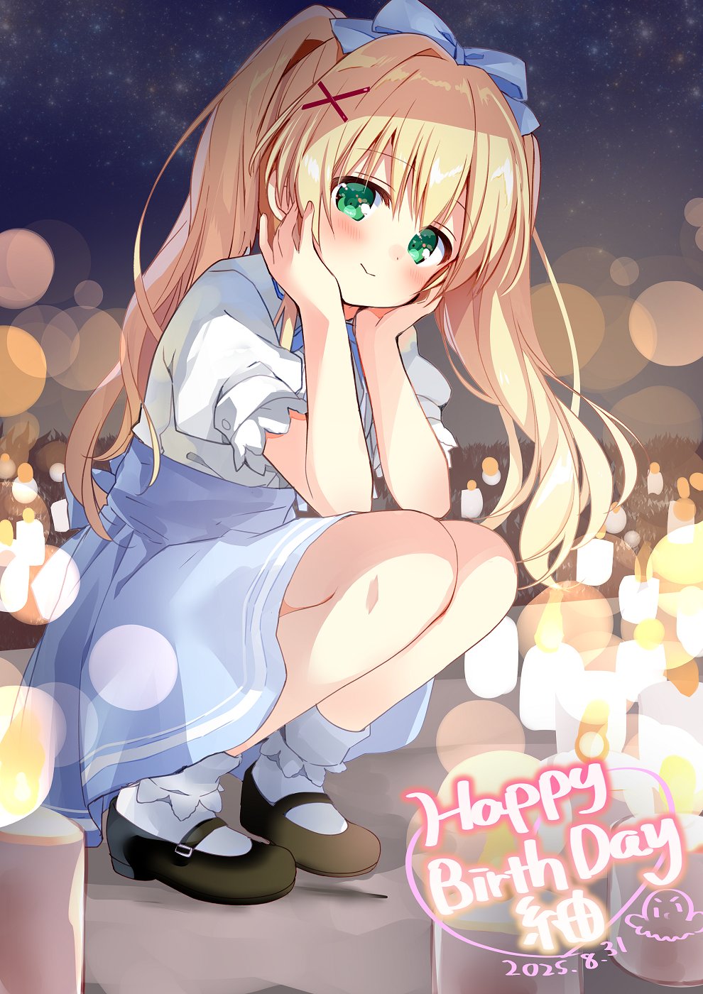 nagayama yuunon, tsumugi wenders, summer pockets, highres, 1girl, blonde hair, blue skirt, blush, candle, closed mouth, frills, green eyes, hair between eyes, hands on own cheeks, hands on own face, happy birthday, high-waist skirt, long hair, looking at viewer, mary janes, night, puffy short sleeves, puffy sleeves, shirt, shoes, short sleeves, skirt, smile, socks, solo, squatting, twintails, white shirt, white socks