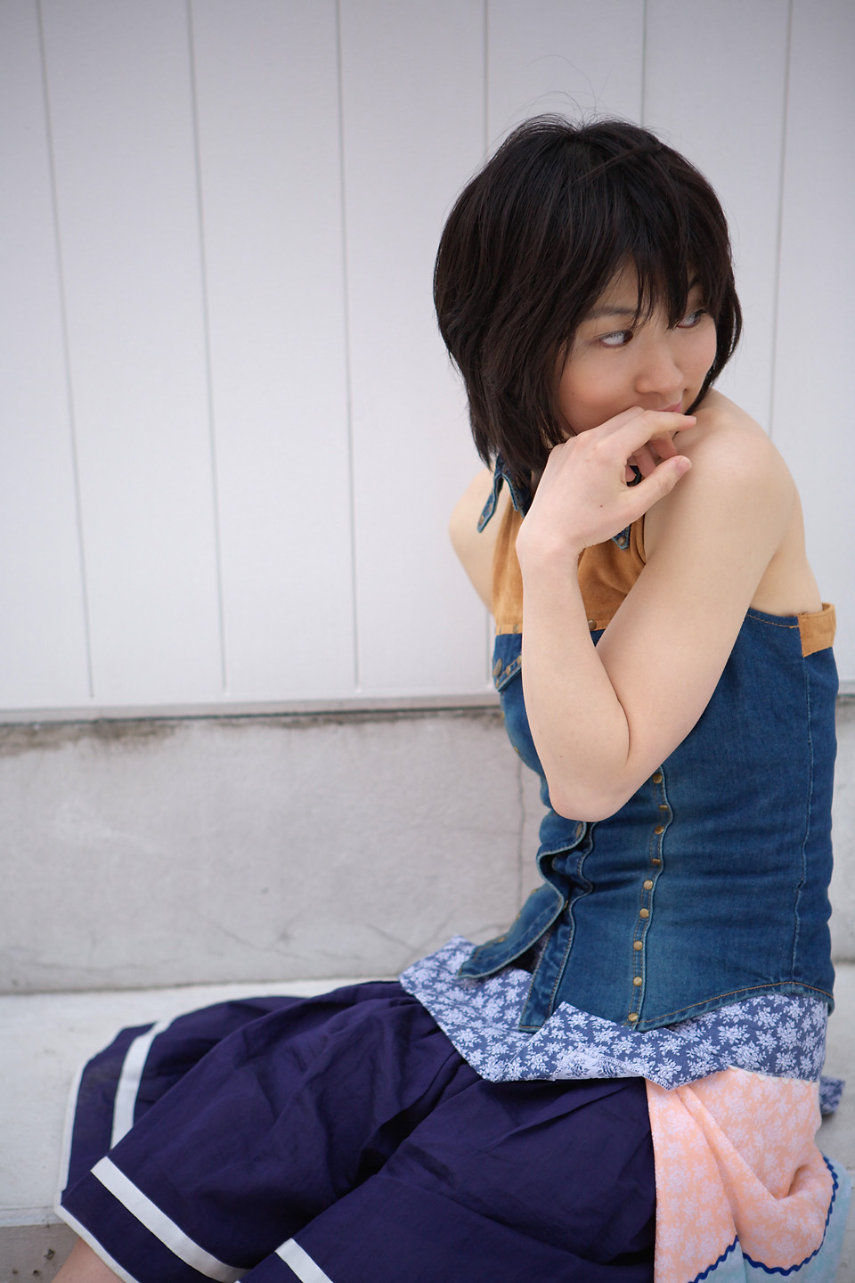 komiyama maki, highres, photo (medium), tagme, denim vest, long skirt, skirt