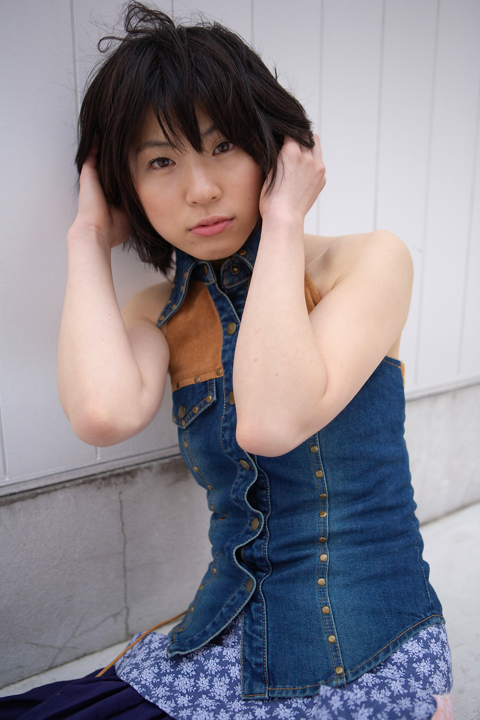 komiyama maki, highres, photo (medium), tagme, denim vest, long skirt, skirt