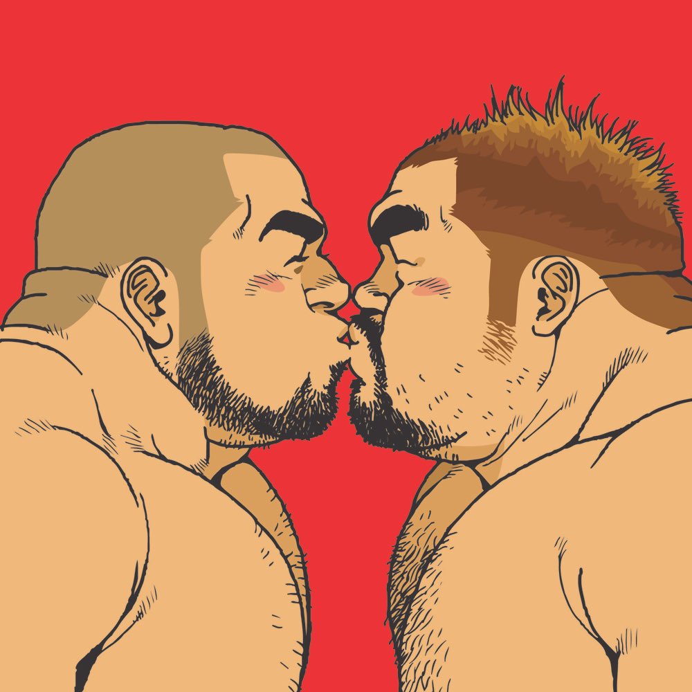 jiraiya (mangaka), original, 2boys, bara, beard stubble, blush stickers, brown hair, buzz cut, closed eyes, couple, facial hair, from side, kiss, large pectorals, male focus, mature male, medium sideburns, multiple boys, muscular, muscular male, nude, old, old man, pectorals, profile, red background, short hair, sideburns stubble, sparse chest hair, spiked hair, stubble, thick eyebrows, thick neck, upper body, very short hair, yaoi