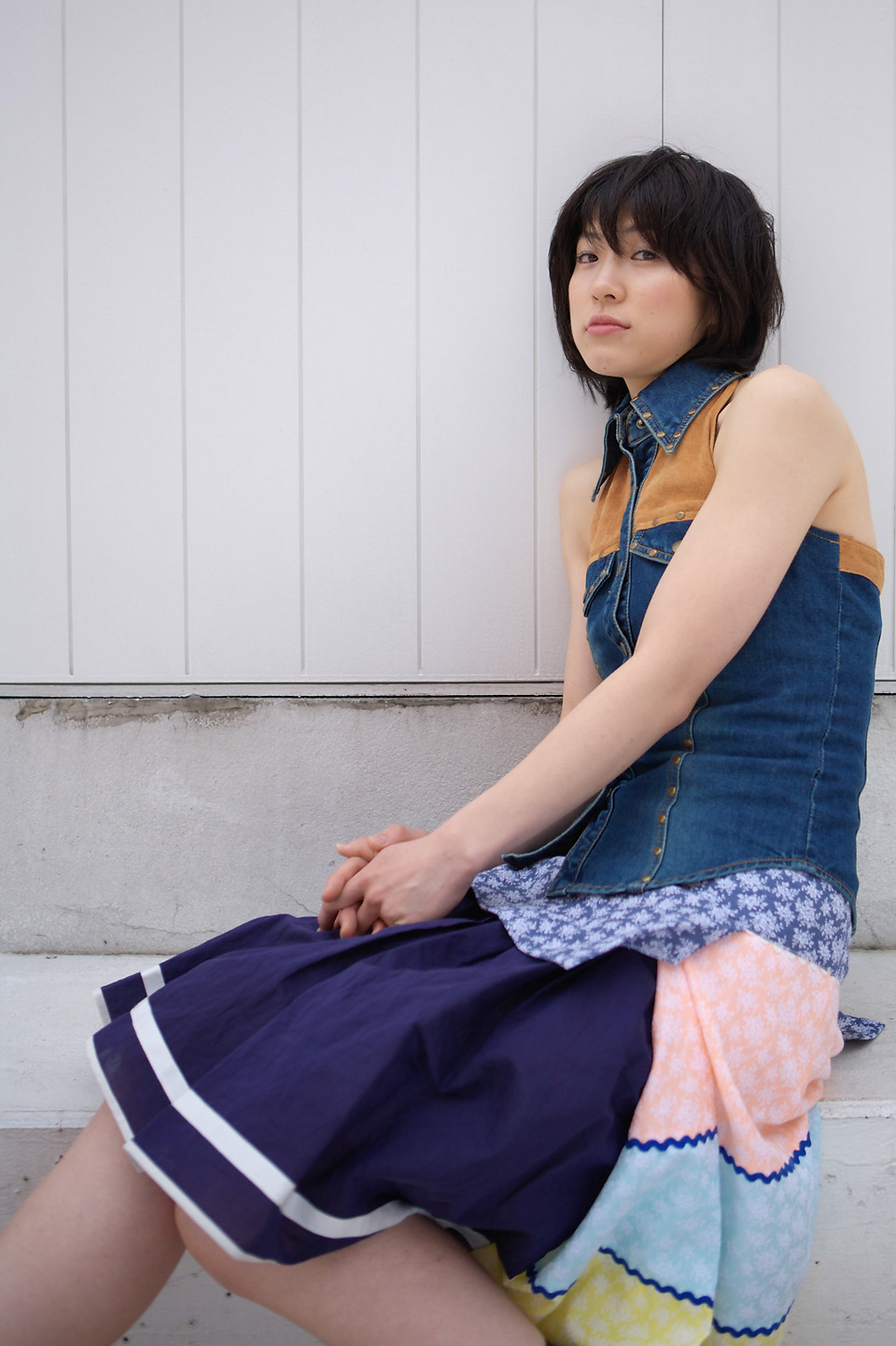 komiyama maki, highres, photo (medium), tagme, denim vest, skirt