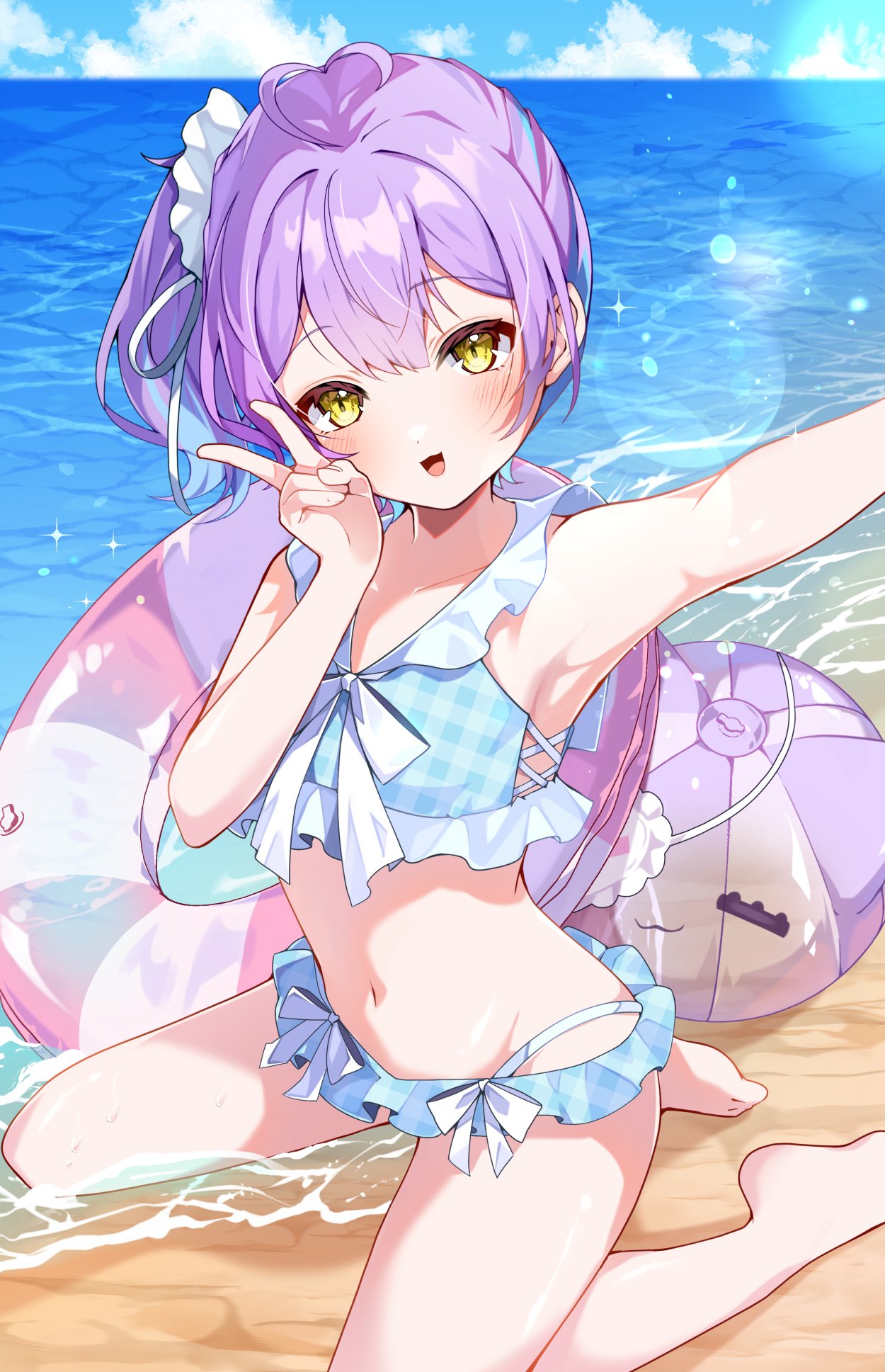 yukijirushi e, shinomiya runa, vspo!, highres, 1girl, armpits, ball, barefoot, beach, beachball, bikini, blue bikini, blue hair, blush, frilled bikini, frills, innertube, looking at viewer, multicolored hair, navel, open mouth, outdoors, plaid bikini, plaid clothes, purple hair, selfie, side ponytail, smile, solo, swim ring, swimsuit, v, virtual youtuber, water, yellow eyes
