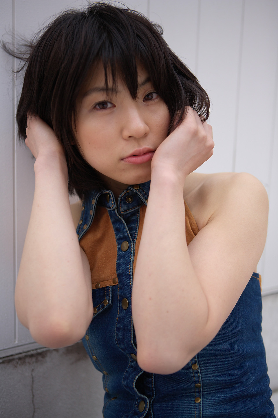 komiyama maki, highres, photo (medium), tagme, denim vest