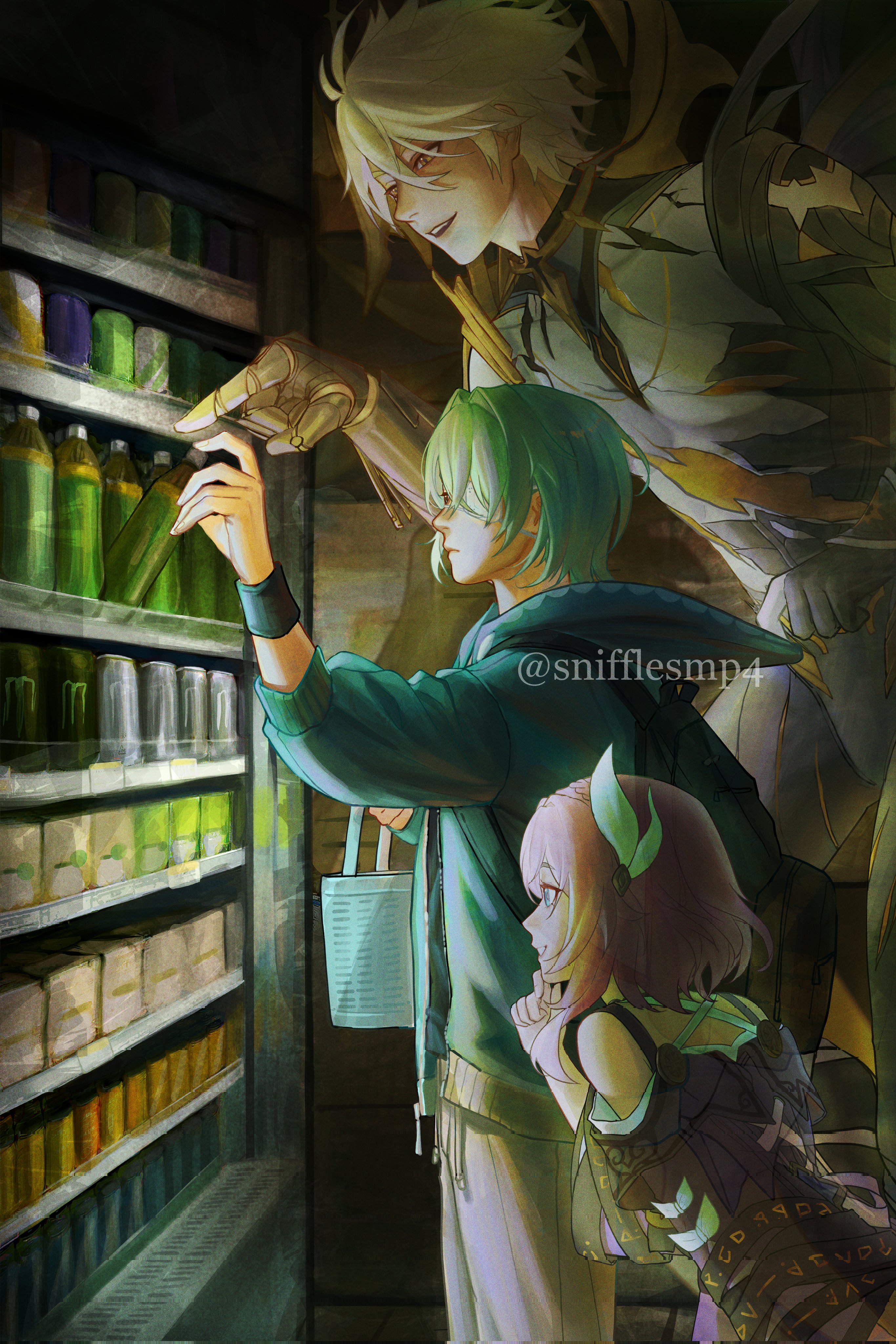 snifflesmp4, anaxa (honkai: star rail), cyrene (honkai: star rail), phainon (honkai: star rail), phainon (khaslana) (honkai: star rail), honkai: star rail, honkai (series), monster energy, absurdres, commentary, corrupted twitter file, english commentary, highres, 1girl, 2boys, bag, blonde hair, bottle, coat, convenience store, cracked skin, gold blood, gold gloves, green hood, grocery bag, hair ornament, halo, holding, holding bag, holding bottle, indoors, multiple boys, pink hair, purple coat, shop, shopping bag, twitter username