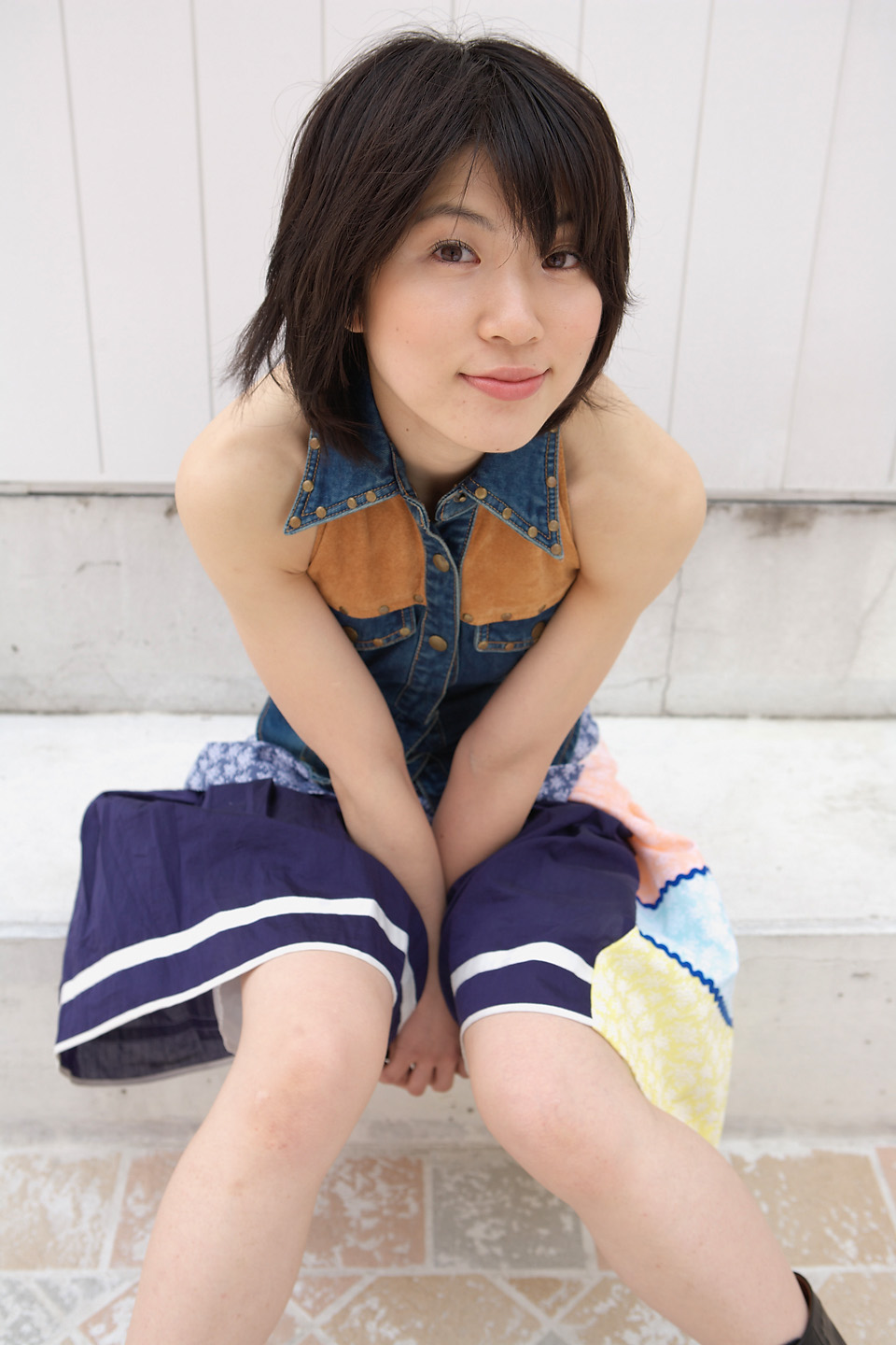 komiyama maki, highres, photo (medium), boots, denim vest, skirt