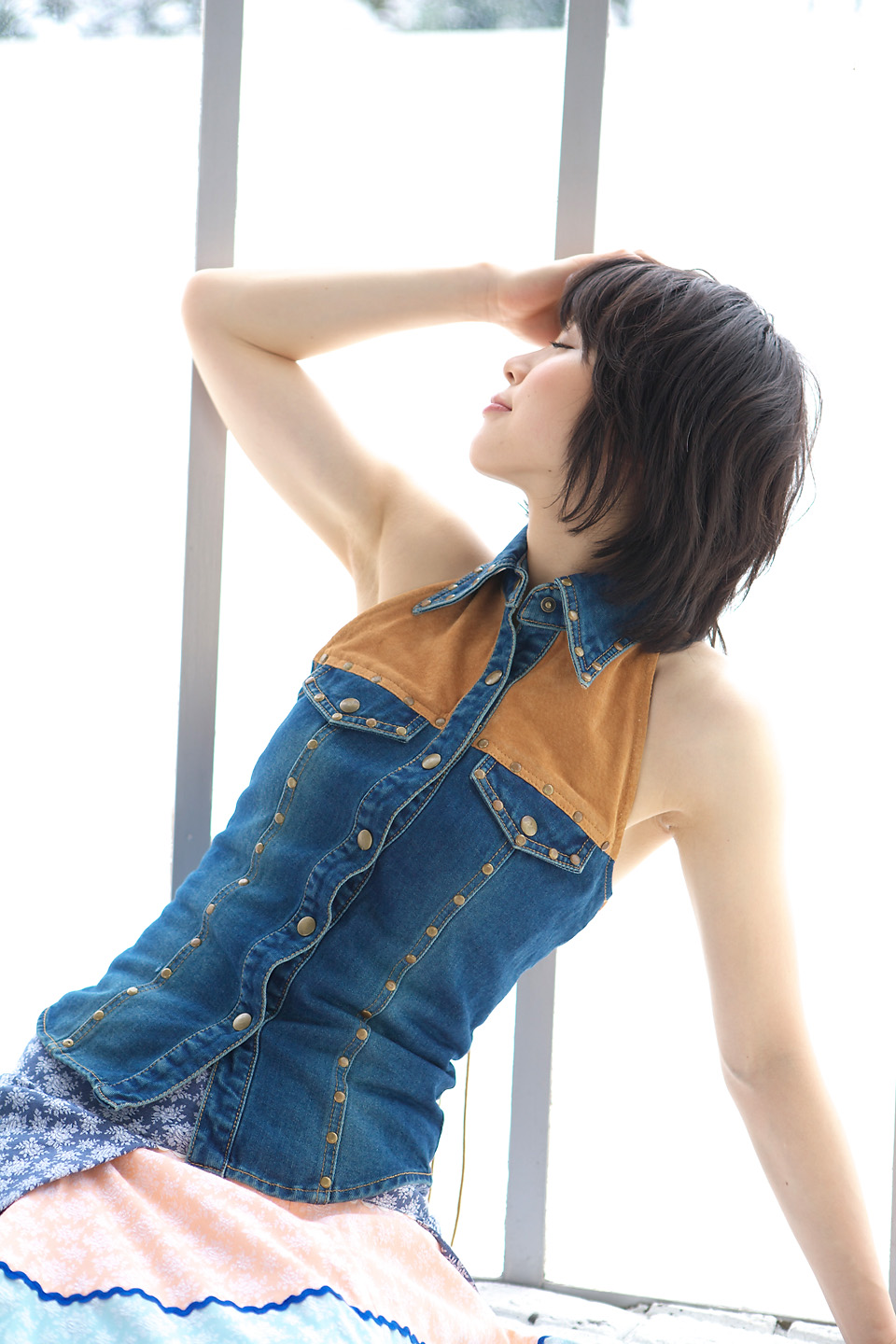 komiyama maki, highres, photo (medium), tagme, denim vest, skirt