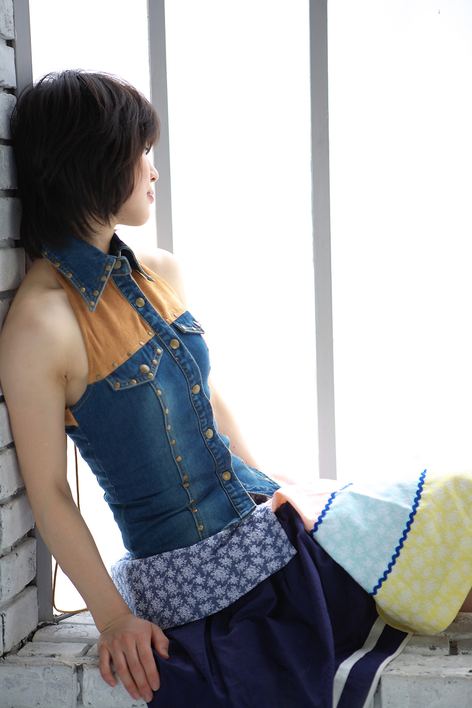 komiyama maki, highres, photo (medium), tagme, denim vest, skirt