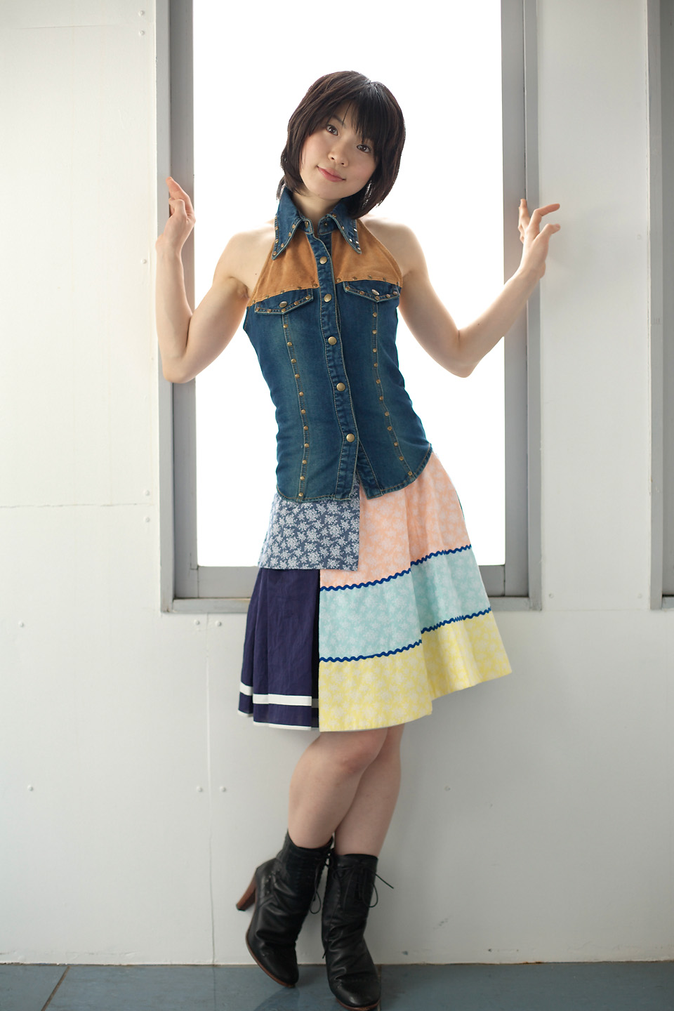 komiyama maki, highres, photo (medium), boots, denim vest, skirt