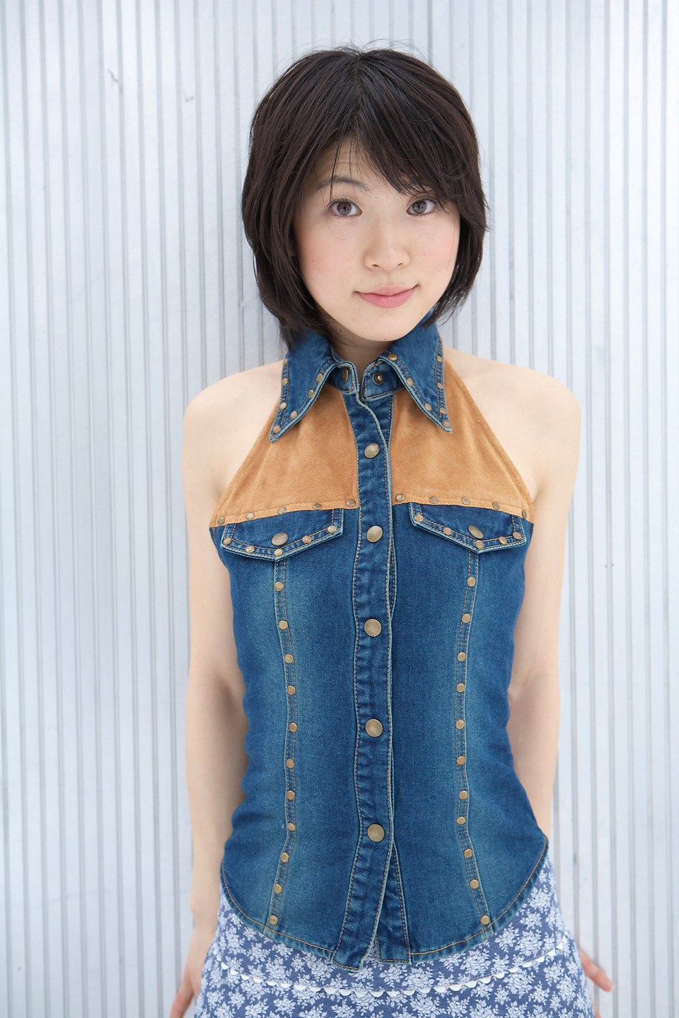 komiyama maki, highres, photo (medium), tagme, denim vest, skirt