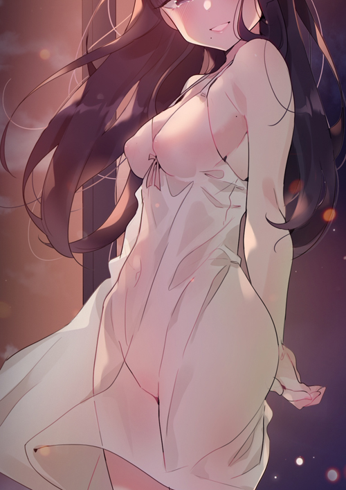 alicecrazy, a pervert's daily life, character request, highres, official art, 1girl, arms behind back, bare shoulders, black eyes, black hair, blush, breasts, clothing cutout, covered erect nipples, dot nose, dress, female focus, large breasts, long skirt, looking at viewer, midriff, mole, mole on breast, mole under mouth, navel, navel cutout, nightgown, pussy, see-through clothes, see-through dress, see-through skirt, skirt, sleeveless, smile, solo, solo focus, stomach, teeth, white nightgown, white skirt