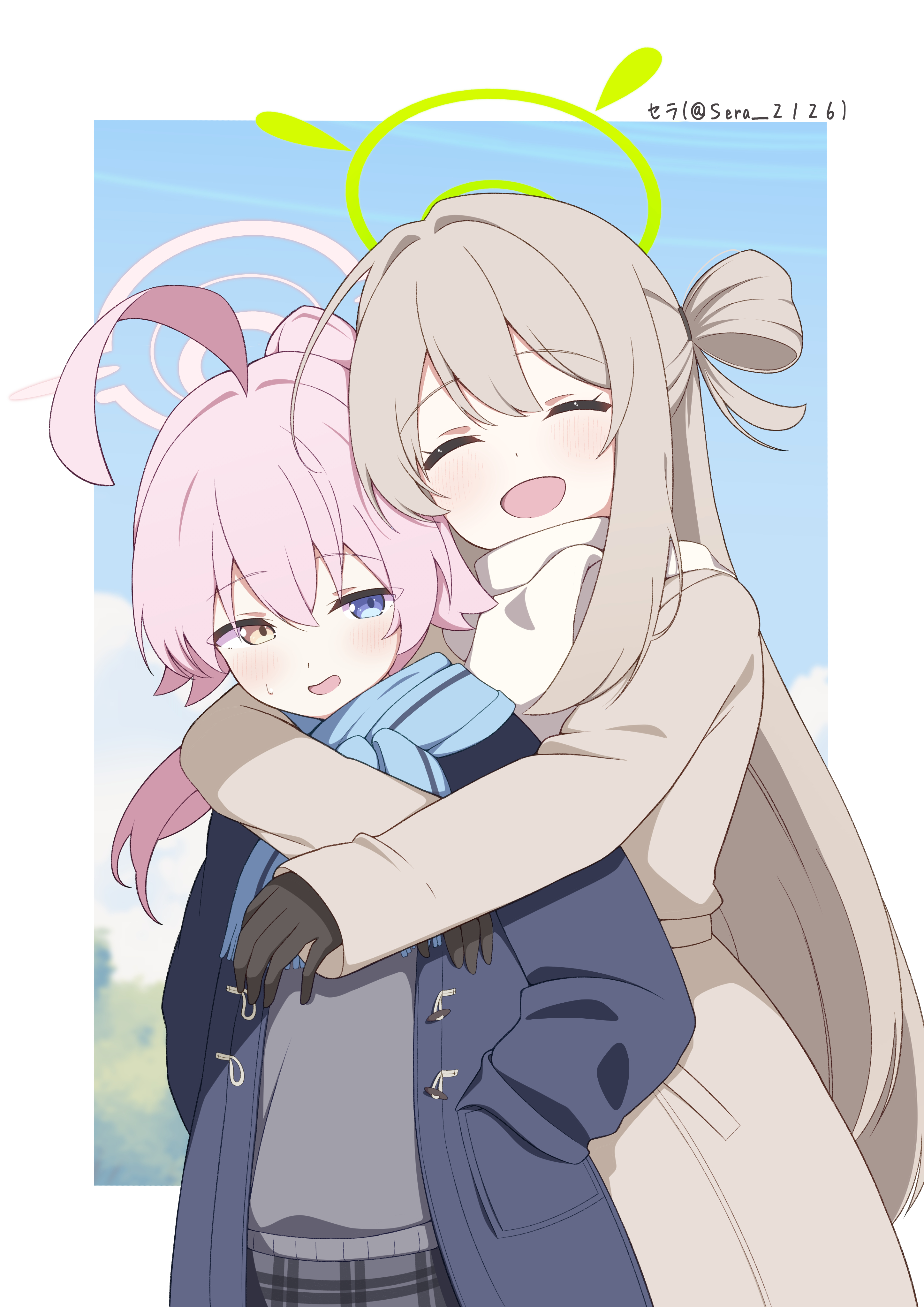zundamochi (sera), hoshino (blue archive), hoshino (second year) (blue archive), nonomi (blue archive), blue archive, absurdres, commentary, highres, 2girls, :d, ^ ^, ahoge, aqua scarf, blue coat, blue eyes, blue scarf, blurry, blurry background, blush, border, breasts, brown coat, brown gloves, brown hair, closed eyes, cloud, coat, cowboy shot, gloves, green halo, grey sweater, hair between eyes, halo, hands in pockets, heterochromia, hug, hug from behind, huge ahoge, large breasts, long hair, long sleeves, multiple girls, open mouth, outdoors, pink hair, pink halo, plaid clothes, plaid skirt, ponytail, scarf, skirt, sky, smile, sweatdrop, sweater, tree, twitter username, very long hair, white border, white scarf, winter clothes, yellow eyes
