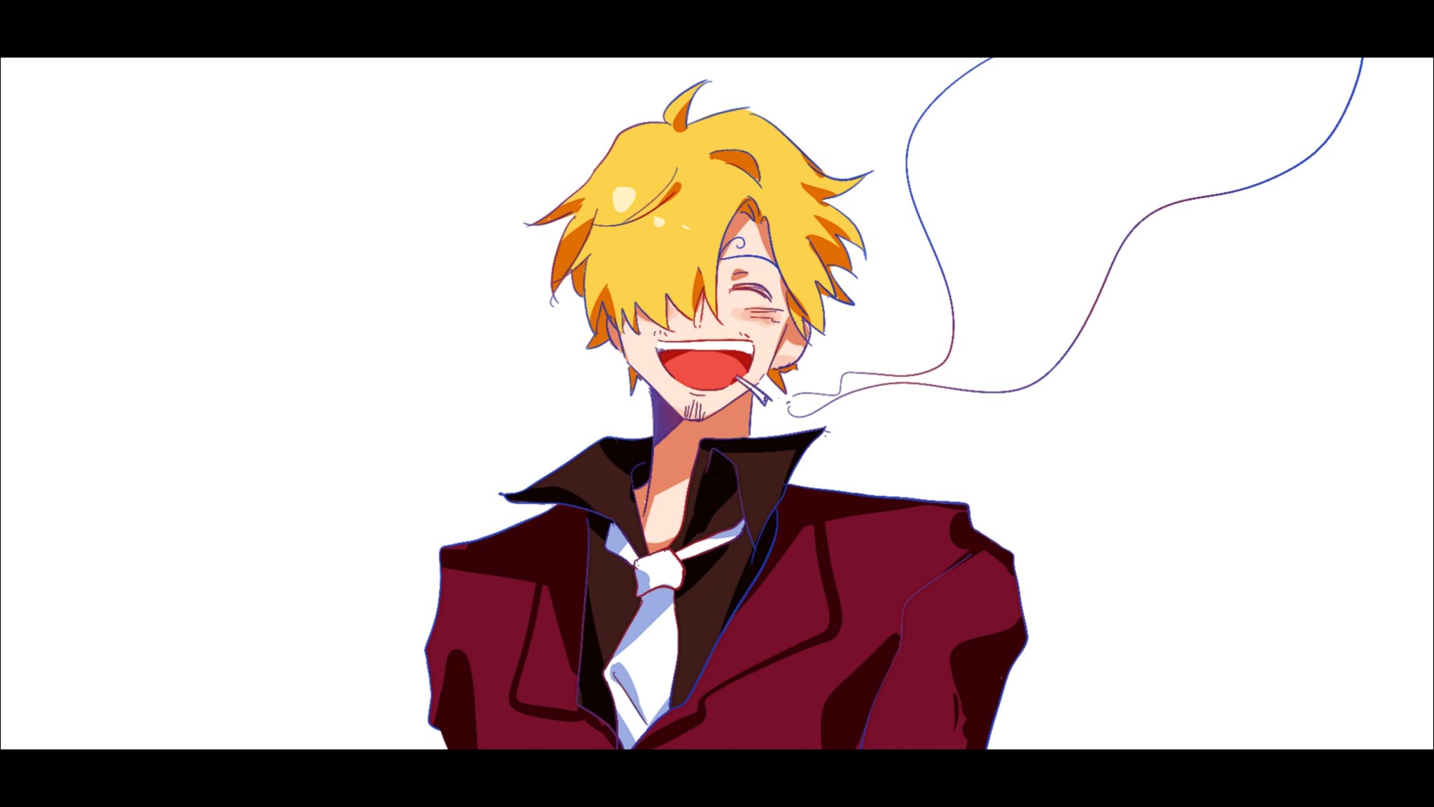 sanji (one piece), one piece, commentary request, highres, 1boy, ^ ^, black shirt, blonde hair, blush, closed eyes, curly eyebrows, dingdang0724, facial hair, goatee, hair over one eye, letterboxed, male focus, mustache, necktie, open mouth, shirt, smile, smoke, solo, white background, white necktie