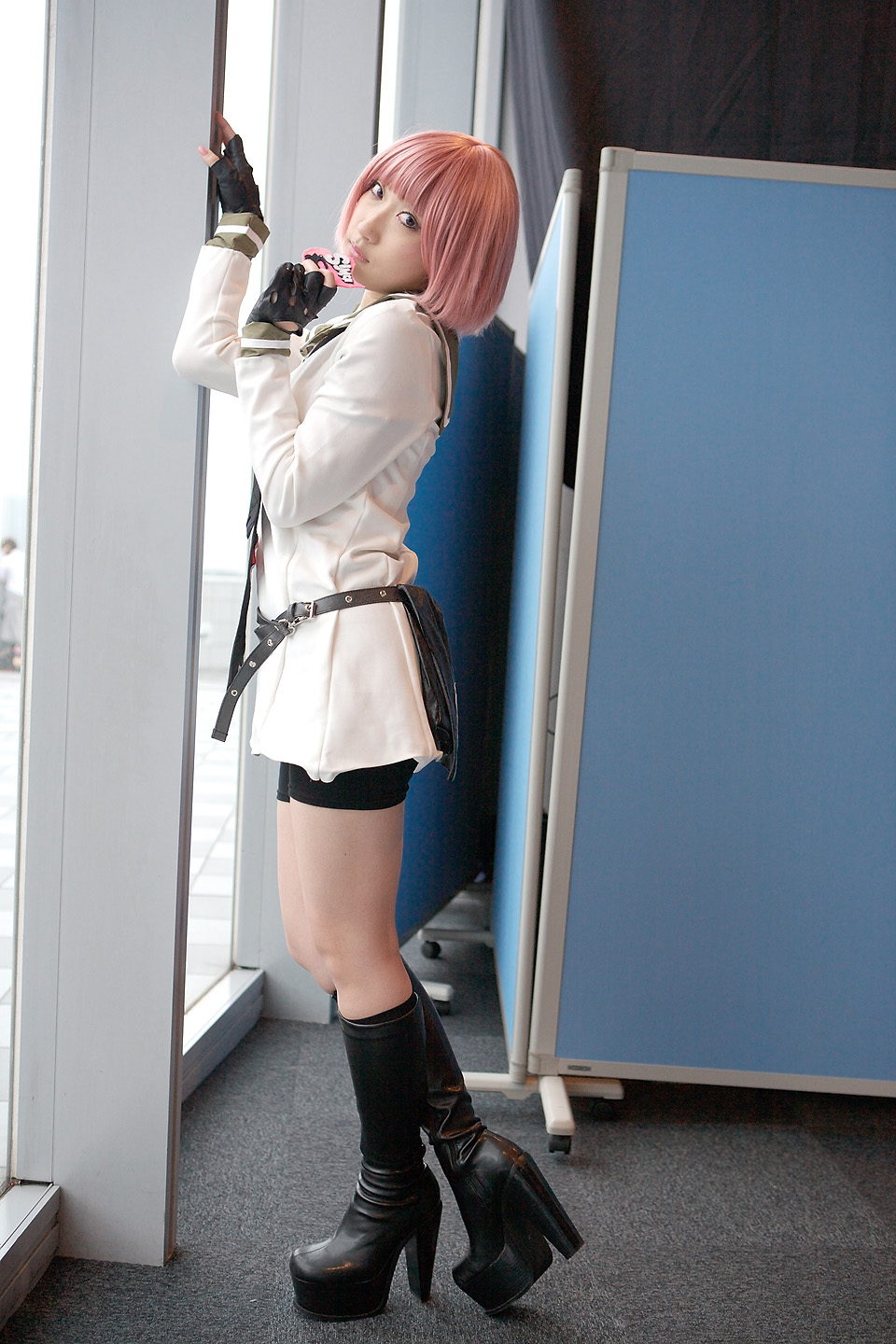 kurosaki shihomu, simca, air gear, highres, photo (medium), belt, bike shorts, boots, cosplay, fingerless gloves, gloves, pink hair, sailor, school uniform, serafuku