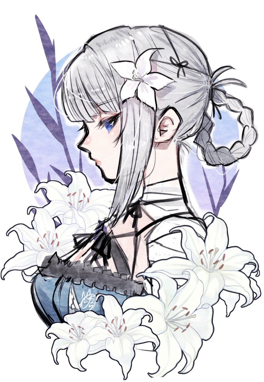 nora (salatto), kaine (nier), nier, nier (series), commentary request, highres, 1girl, bandaged arm, bandaged neck, bandages, blue eyes, closed mouth, flower, grey hair, hair flower, hair ornament, hair rings, lips, looking at viewer, pink lips, profile, short hair, signature, single hair ring, solo, white flower