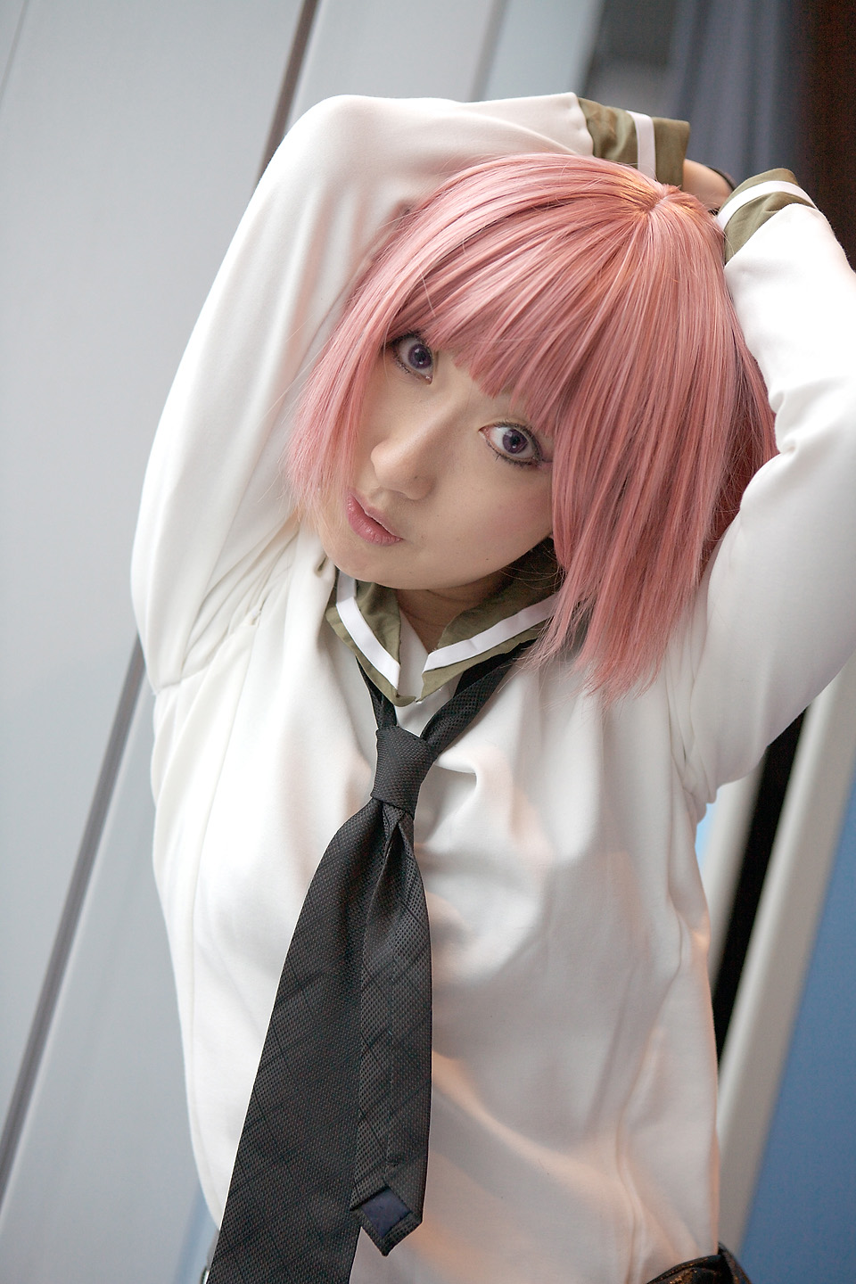 kurosaki shihomu, simca, air gear, highres, photo (medium), cosplay, fingerless gloves, gloves, pink hair, sailor, school uniform, serafuku