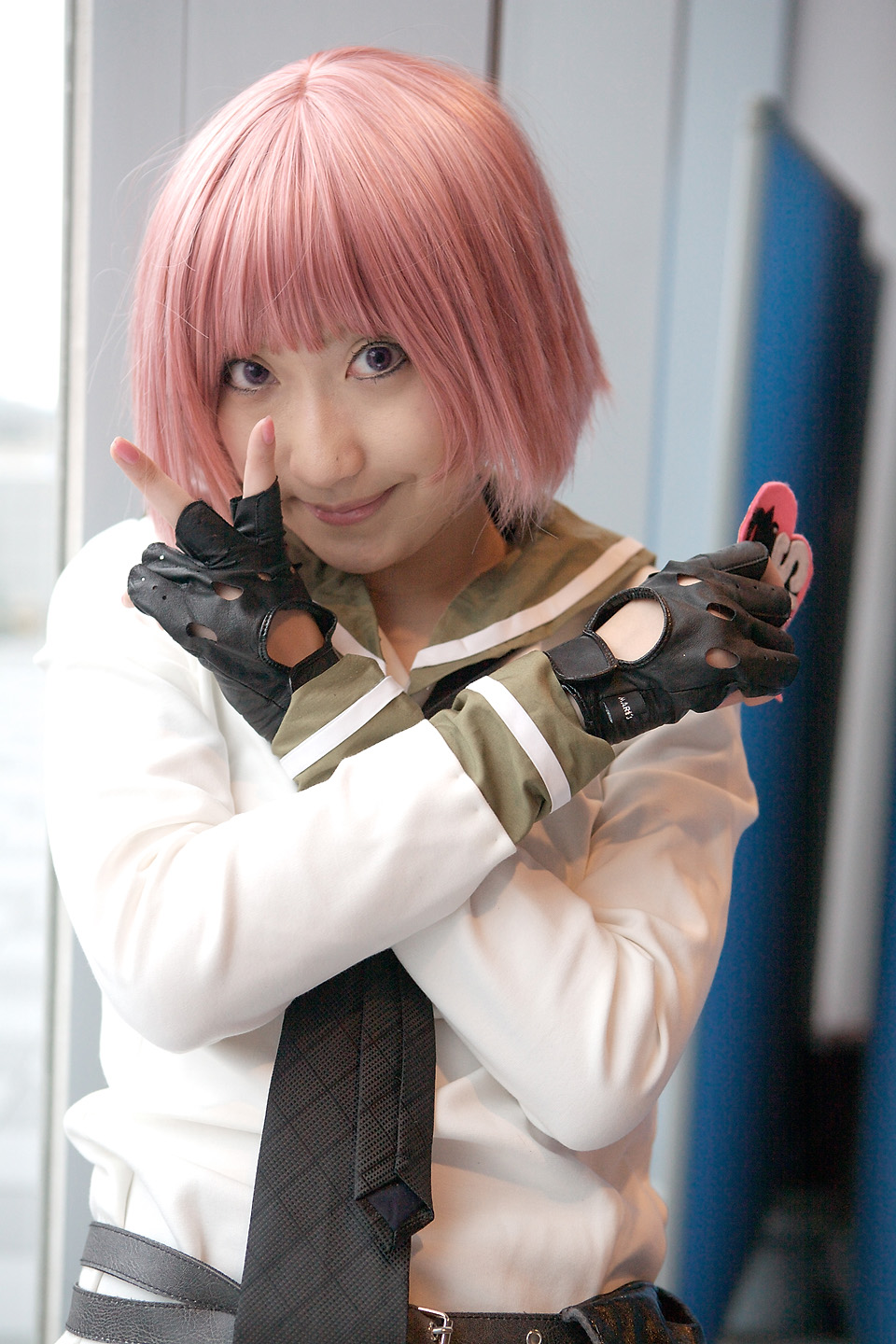 kurosaki shihomu, simca, air gear, highres, photo (medium), belt, cosplay, fingerless gloves, gloves, pink hair, sailor, school uniform, serafuku