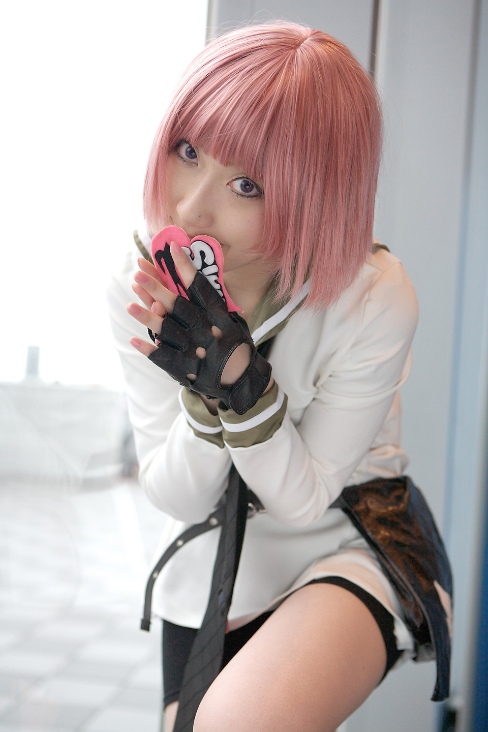 kurosaki shihomu, simca, air gear, highres, photo (medium), belt, bike shorts, cosplay, fingerless gloves, gloves, pink hair, sailor, school uniform, serafuku