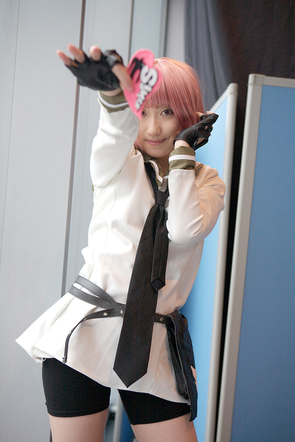 kurosaki shihomu, simca, air gear, highres, photo (medium), belt, bike shorts, cosplay, fingerless gloves, gloves, pink hair, sailor, school uniform, serafuku