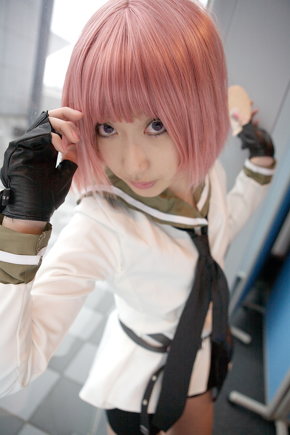 kurosaki shihomu, simca, air gear, highres, photo (medium), belt, bike shorts, cosplay, fingerless gloves, gloves, pink hair, sailor, school uniform, serafuku