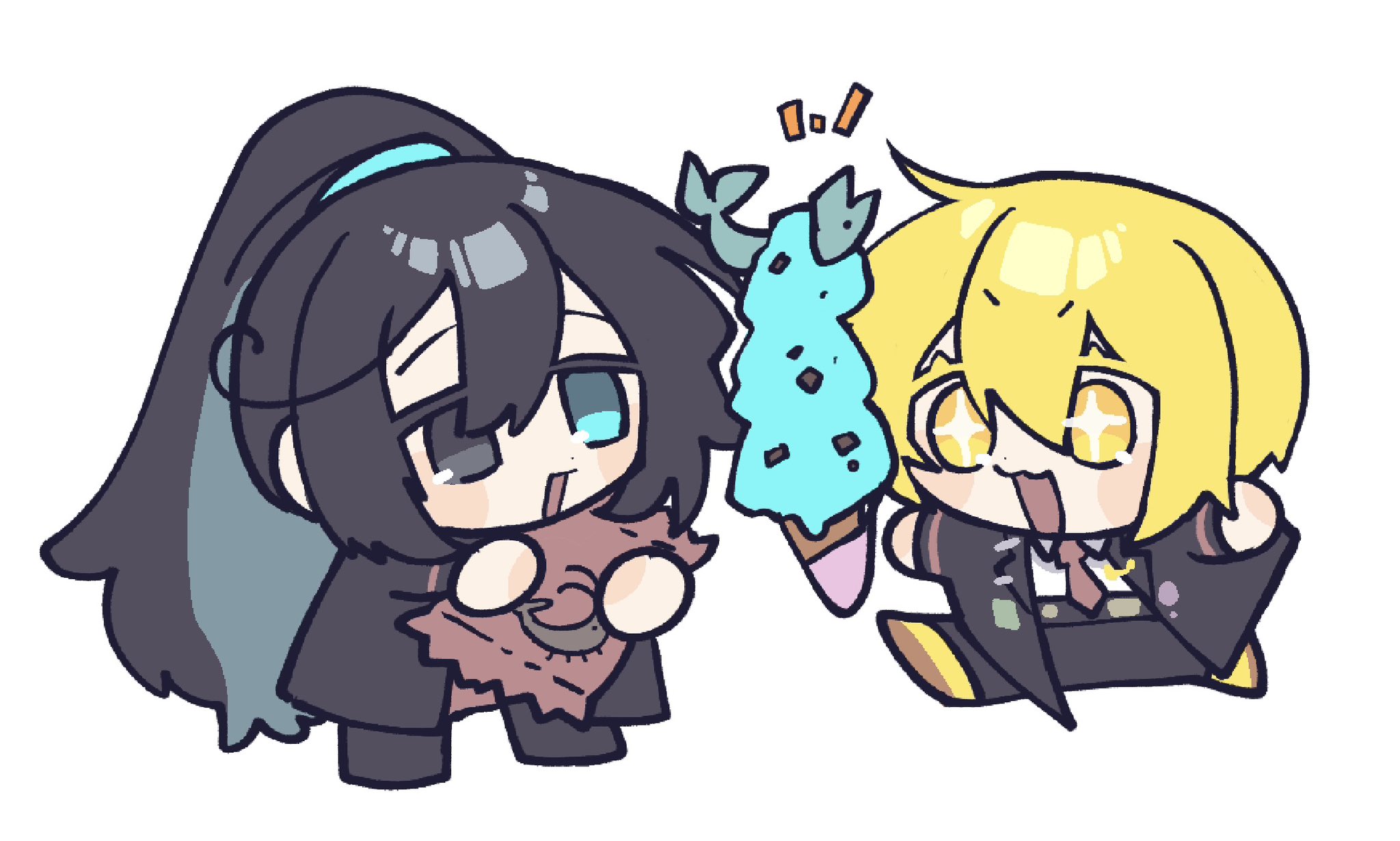 nantekottawo!!, don quixote (project moon), hong lu (project moon), limbus company, project moon, highres, 1boy, 1girl, :3, black coat, black hair, black pants, blonde hair, coat, food, high ponytail, holding, holding food, holding ice cream, ice cream, long hair, necktie, open mouth, pants, ponytail, red necktie, shrimp, sidelocks, smile, sparkling eyes, very long hair, yellow eyes