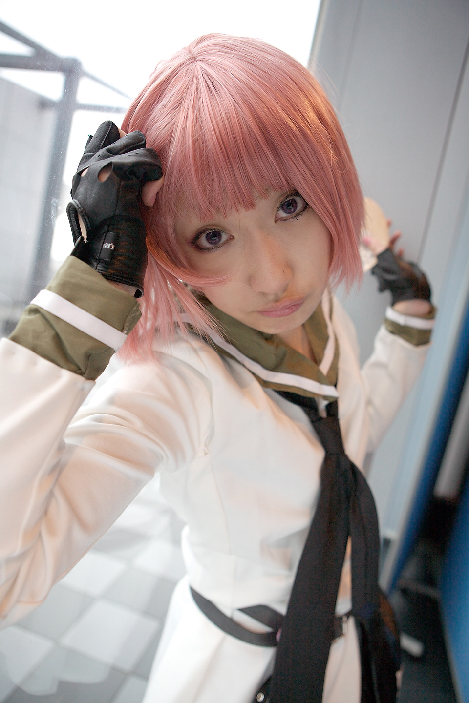 kurosaki shihomu, simca, air gear, highres, photo (medium), belt, cosplay, fingerless gloves, gloves, pink hair, sailor, school uniform, serafuku