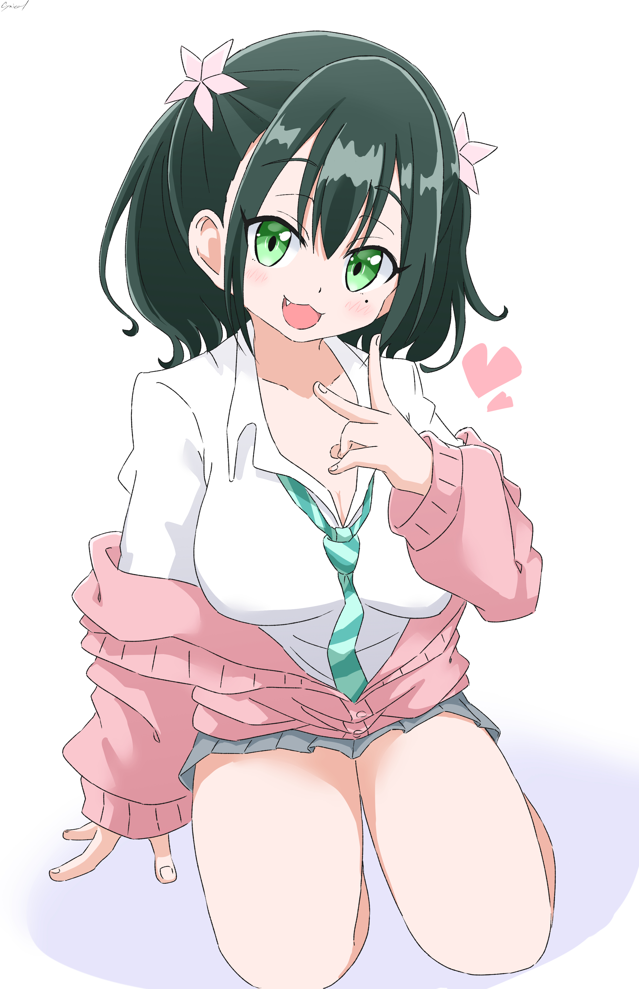 cynical (llcbluckg c004), ruriha rura, bad girl (manga), absurdres, highres, 1girl, :3, blush, breasts, cleavage, fang, flower, green eyes, green hair, hair flower, hair ornament, large breasts, looking at viewer, open mouth, school uniform, short hair, simple background, smile, solo, white background