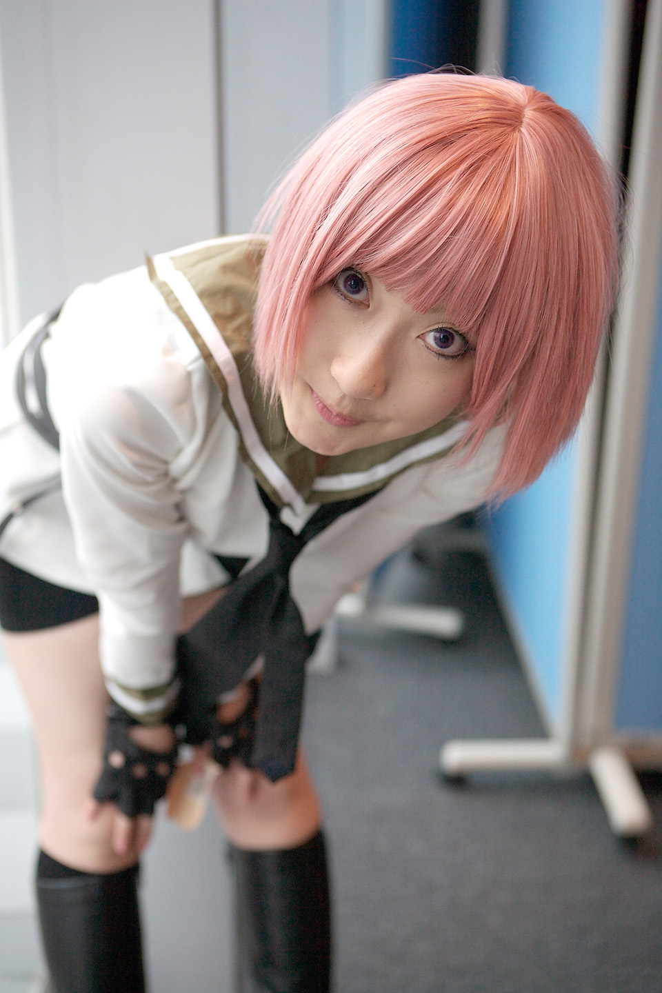 kurosaki shihomu, simca, air gear, highres, photo (medium), belt, bike shorts, boots, cosplay, fingerless gloves, gloves, pink hair, sailor, school uniform, serafuku