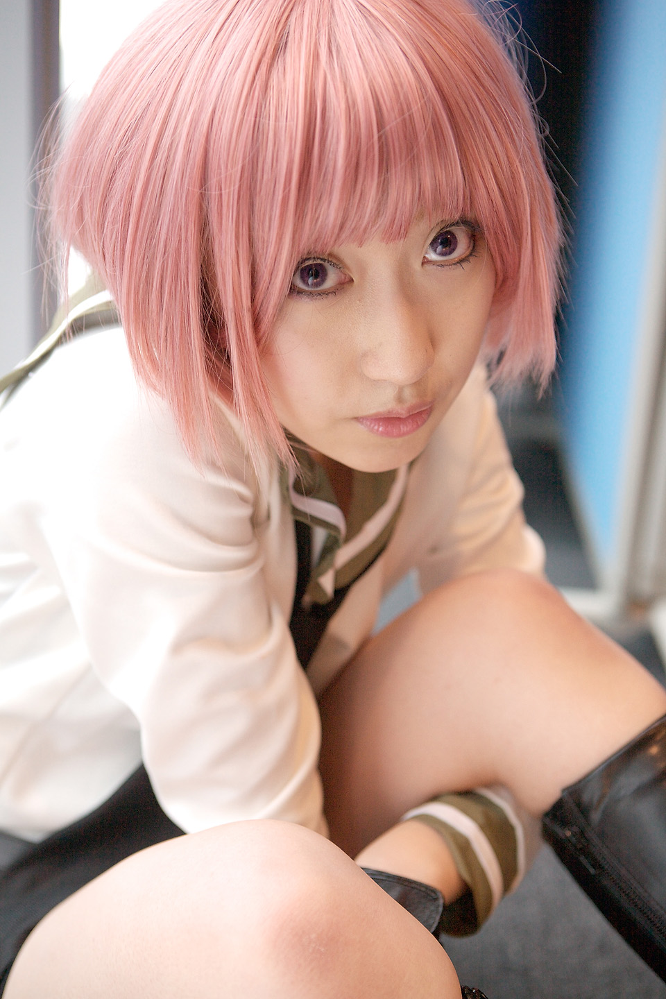 kurosaki shihomu, simca, air gear, highres, photo (medium), belt, bike shorts, boots, cosplay, fingerless gloves, gloves, pink hair, sailor, school uniform, serafuku