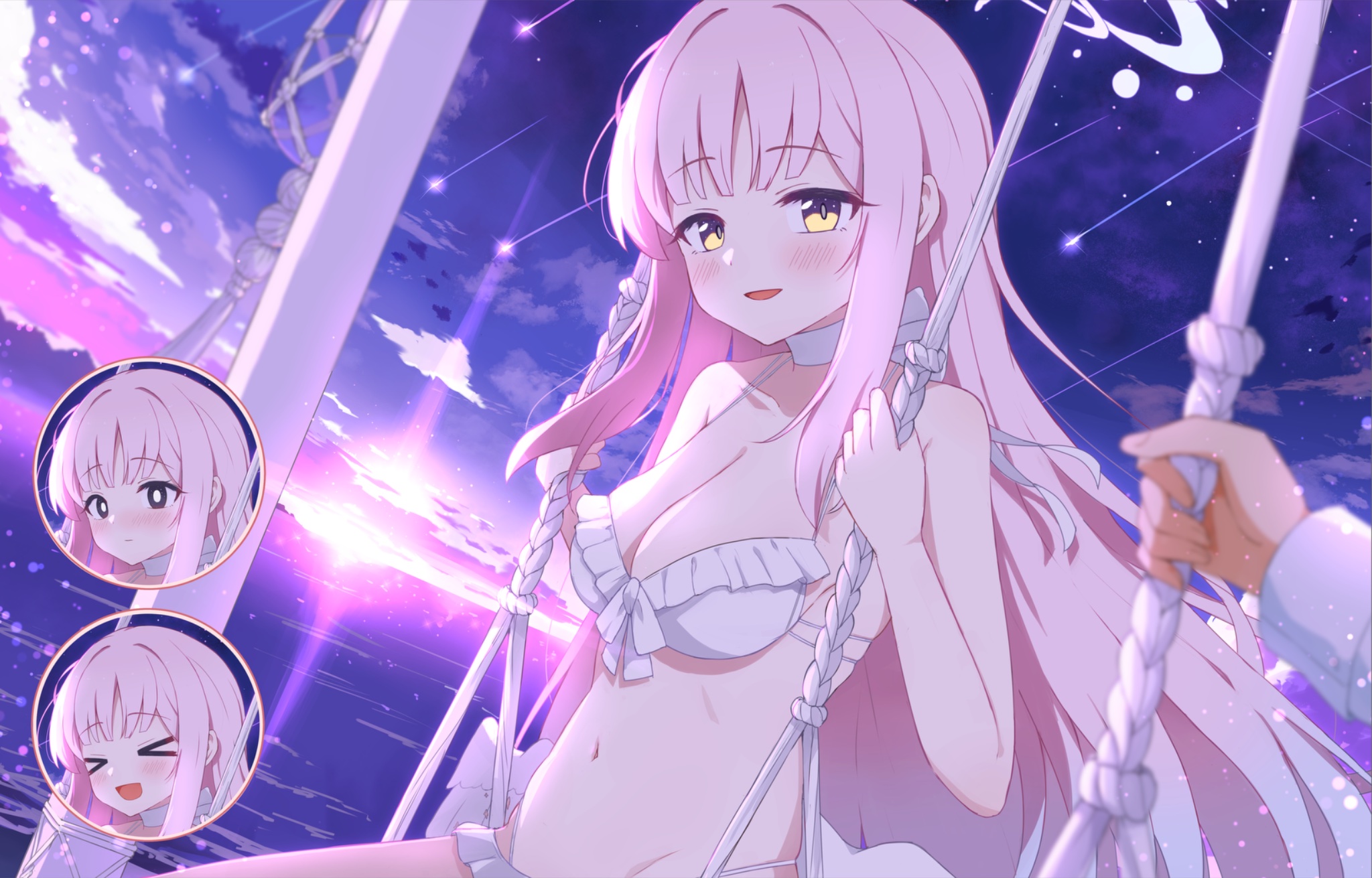 holy-san (makuu), mika (blue archive), mika (swimsuit) (blue archive), blue archive, highres, > <, 1boy, 1girl, bikini, blue halo, blush, breasts, choker, collarbone, embarrassed, frilled bikini, frills, gradient hair, halo, large breasts, long hair, looking at viewer, multicolored hair, multiple expressions, navel, ocean, on swing, open mouth, pink hair, pink halo, raised eyebrows, solo focus, sunset, swimsuit, swing, swing set, thong bikini, white bikini, white choker, yellow eyes