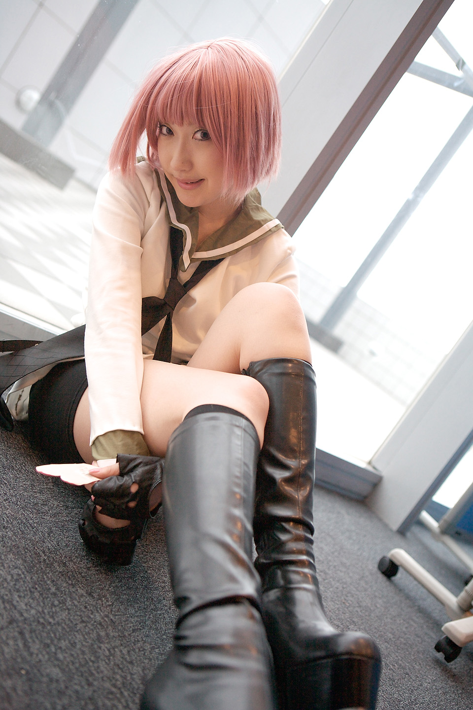 kurosaki shihomu, simca, air gear, highres, photo (medium), belt, bike shorts, boots, cosplay, fingerless gloves, gloves, pink hair, sailor, school uniform, serafuku