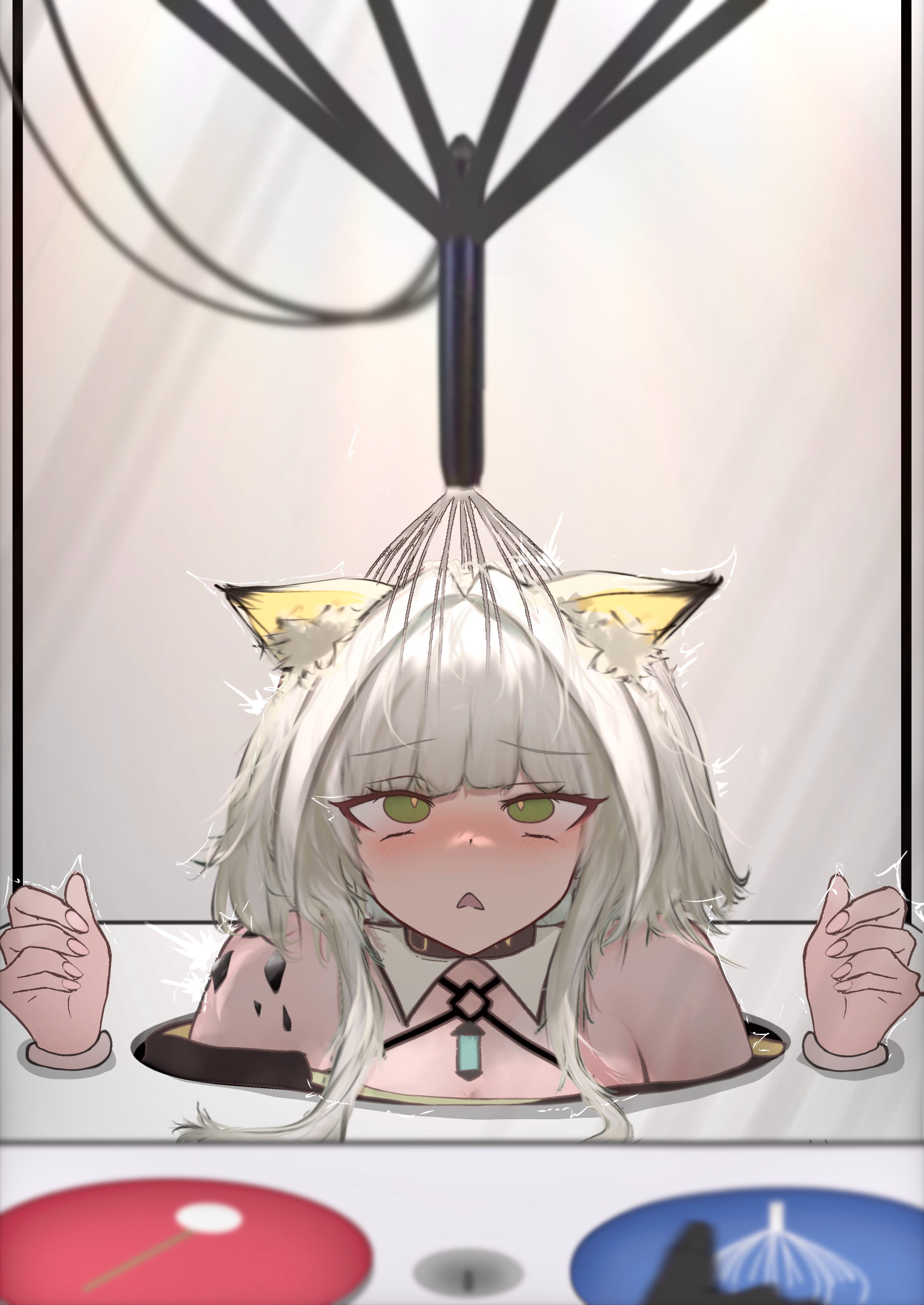 mebe (teadia violet), kal'tsit (arknights), arknights, absurdres, highres, animal ear fluff, animal ears, bare shoulders, blush, cat ears, cat girl, collar, green eyes, green hair, short hair