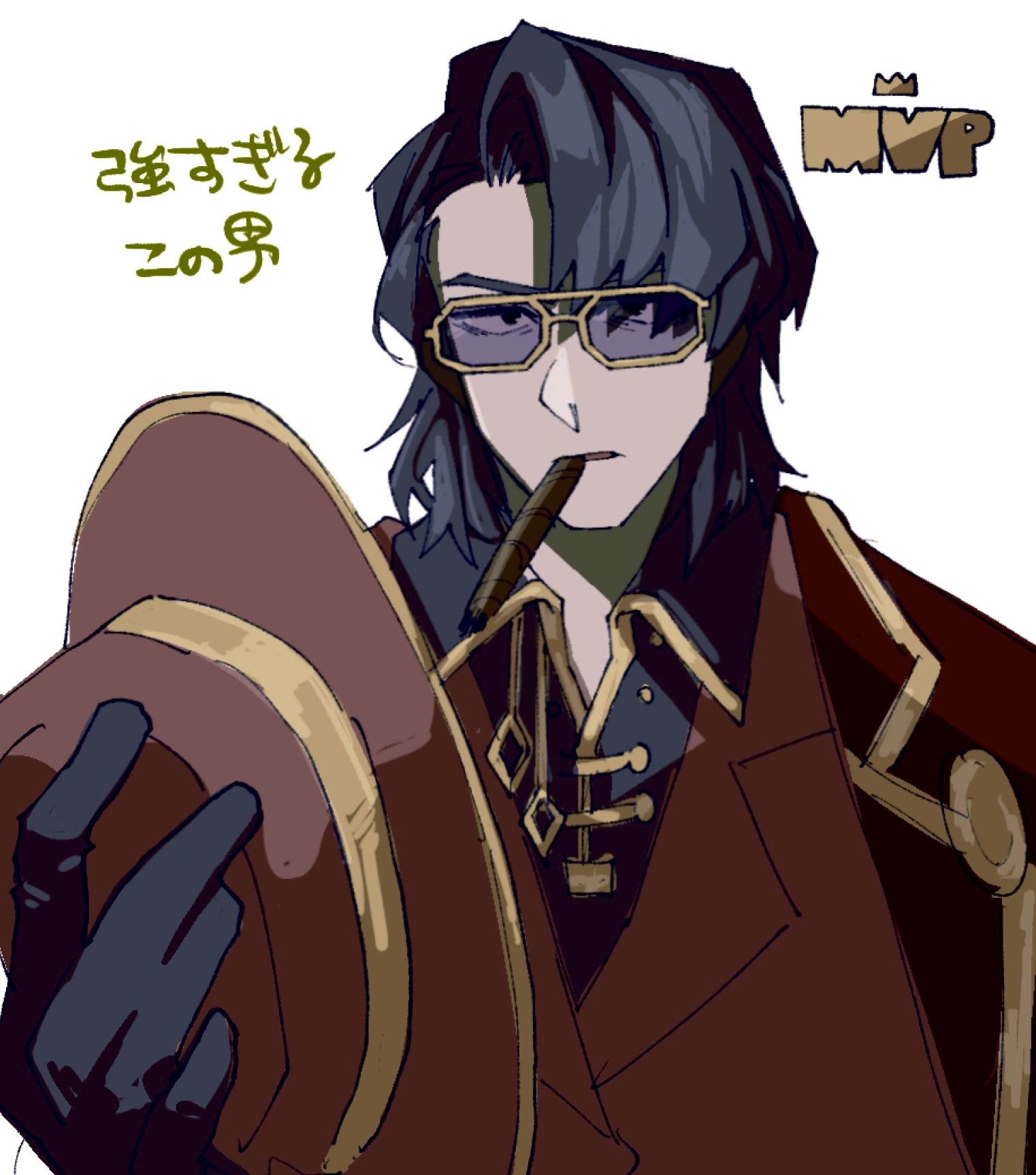 nantekottawo!!, meursault (project moon), limbus company, project moon, highres, 1boy, black eyes, black gloves, black hair, cigar, collared jacket, gloves, gold trim, hat, jacket, looking at viewer, medium hair, red hat, red jacket, solo, sunglasses, thumb (identity) (project moon)