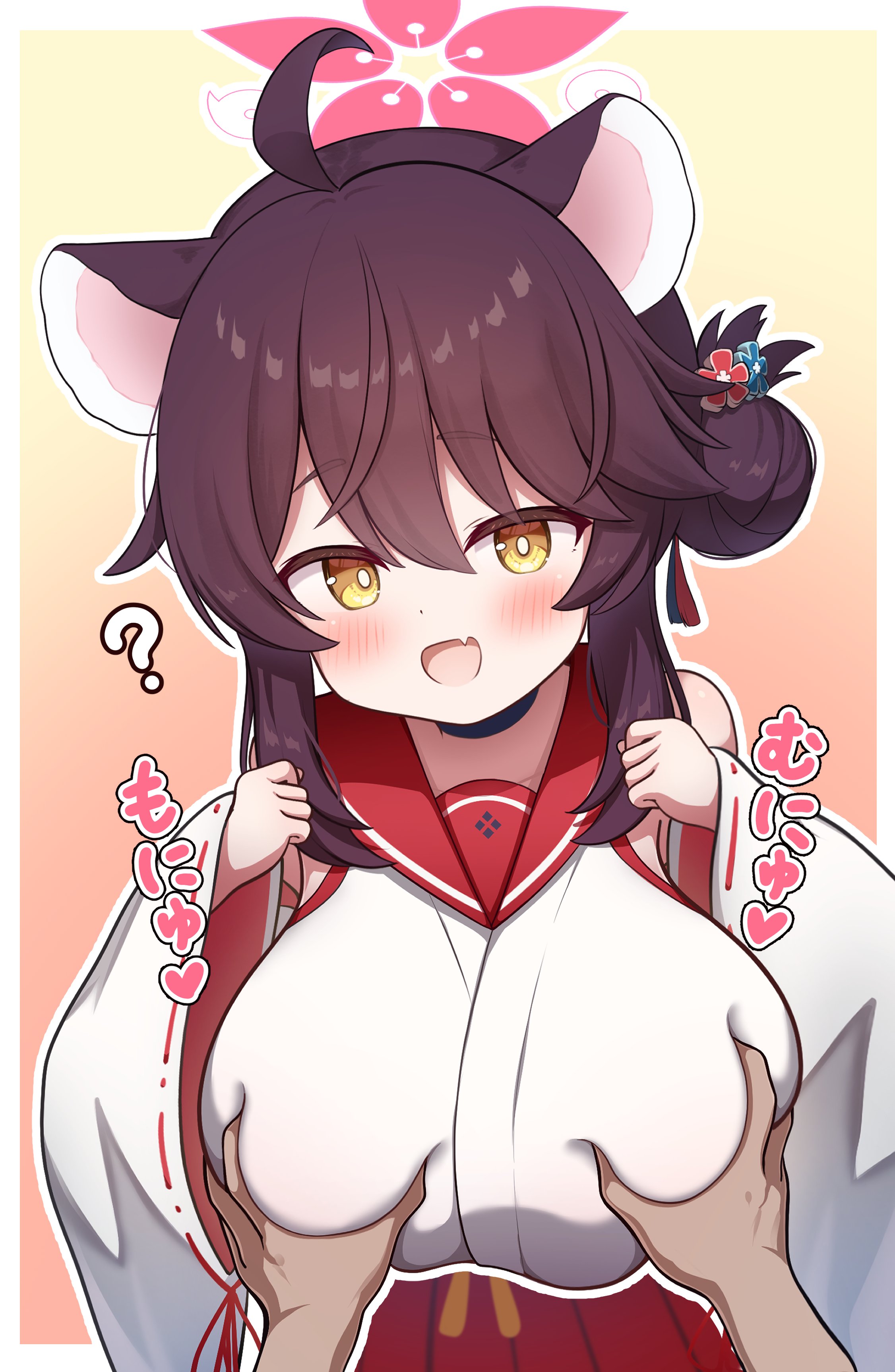 yuchiberu, kaede (blue archive), blue archive, absurdres, commentary, highres, ahoge, animal ears, breasts, fang, grabbing another's breast, groping, hair bun, hakama, halo, hetero, japanese clothes, kimono, oppai loli, pink halo, raccoon ears, raccoon girl, red hakama, red halo, red sailor collar, sailor collar, single side bun, skin fang, sleeveless, sleeveless kimono, yellow eyes
