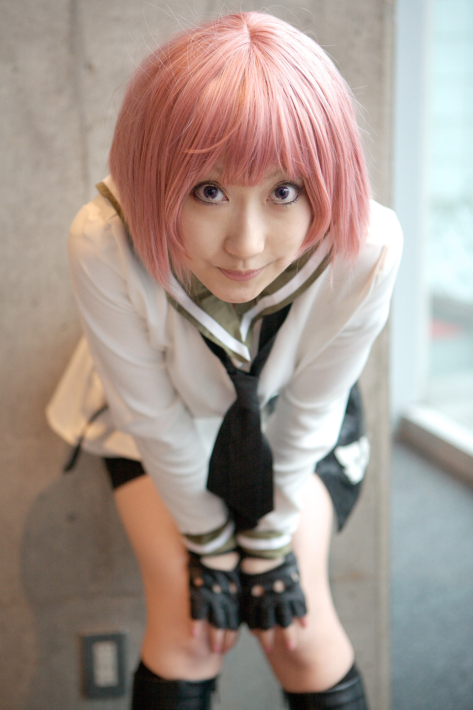 kurosaki shihomu, simca, air gear, highres, photo (medium), belt, bike shorts, boots, cosplay, fingerless gloves, gloves, pink hair, sailor, school uniform, serafuku