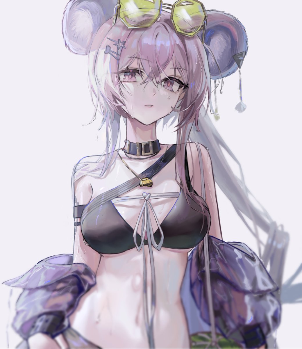 sakiyo, lin (arknights), lin (summer) (arknights), arknights, highres, animal ears, bikini, black bikini, black choker, choker, eyewear on head, green-tinted eyewear, jacket, mouse ears, mouse girl, octagonal eyewear, pink eyes, pink hair, purple jacket, stomach, sunglasses, swimsuit, tinted eyewear, white background