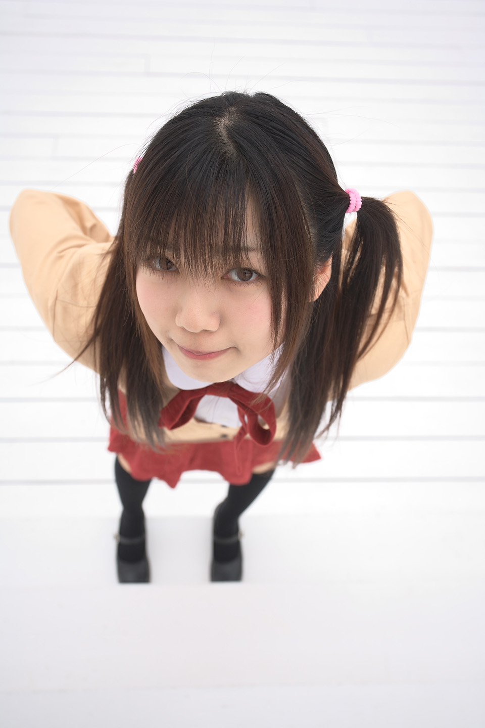 sakura yayoi, tsukamoto tenma, school rumble, highres, photo (medium), 1girl, asian, blazer, brown hair, cosplay, female focus, jacket, kneehighs, long hair, looking at viewer, school uniform, skirt, socks, solo, twin ahoge, twintails, two side up