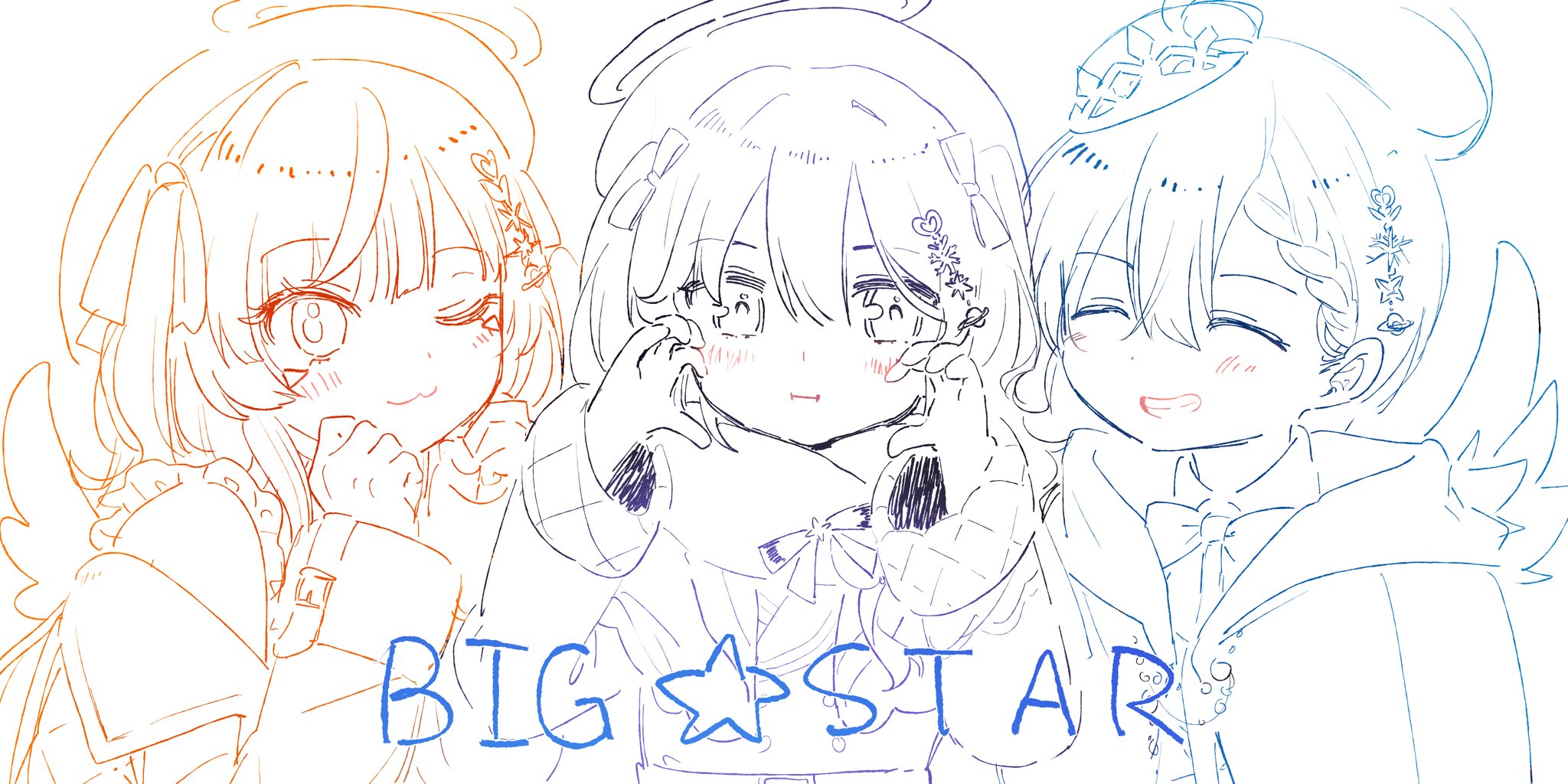 nekota tsuna (artist), ichinose uruha, komori met, shirayuki reid, vspo!, highres, 3girls, :i, beret, blush, closed eyes, hair ornament, halo, hat, looking at viewer, monochrome, multiple girls, sketch, smile, virtual youtuber, white background