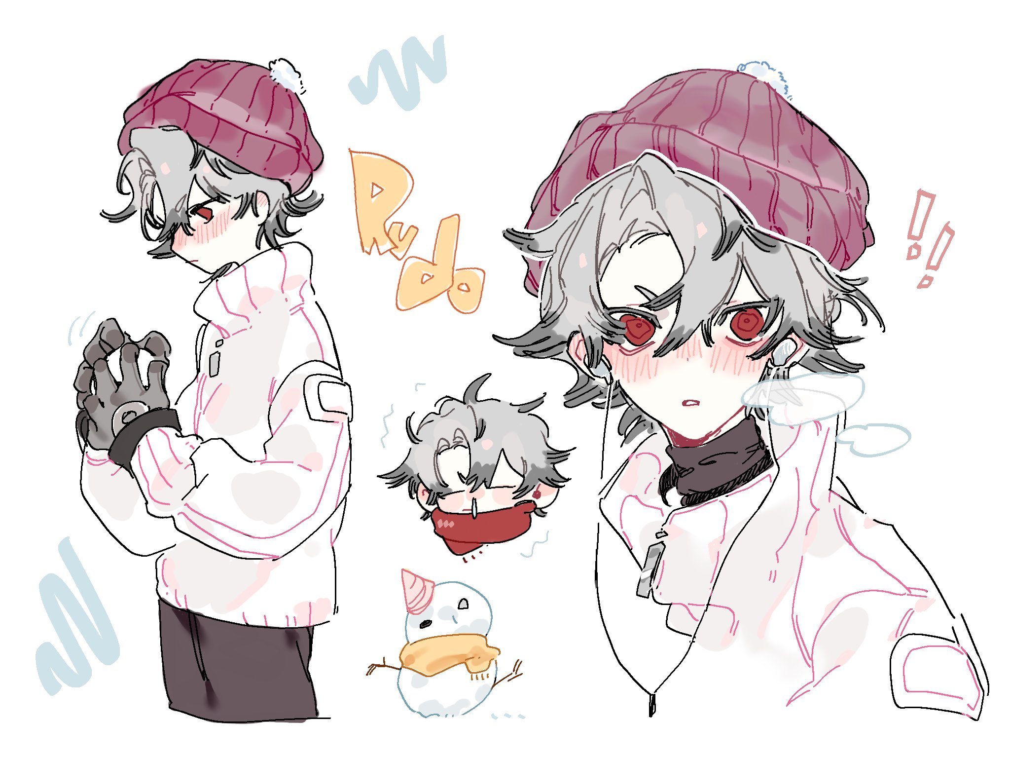 rudo surebrec, gachiakuta, highres, 1boy, beanie, black pants, blush, earphones, gloves, grey gloves, grey hair, hands up, hat, jacket, multiple views, pants, parted bangs, pink hat, red eyes, simple background, tobiuo rd, white background, white jacket