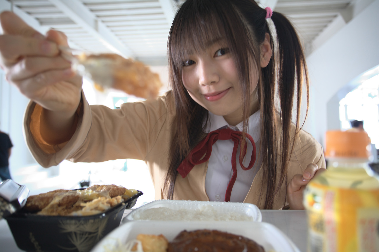 sakura yayoi, tsukamoto tenma, school rumble, photo (medium), 1girl, asian, blazer, brown hair, cosplay, female focus, indoors, jacket, long hair, looking at viewer, school uniform, smile, solo, twin ahoge, two side up