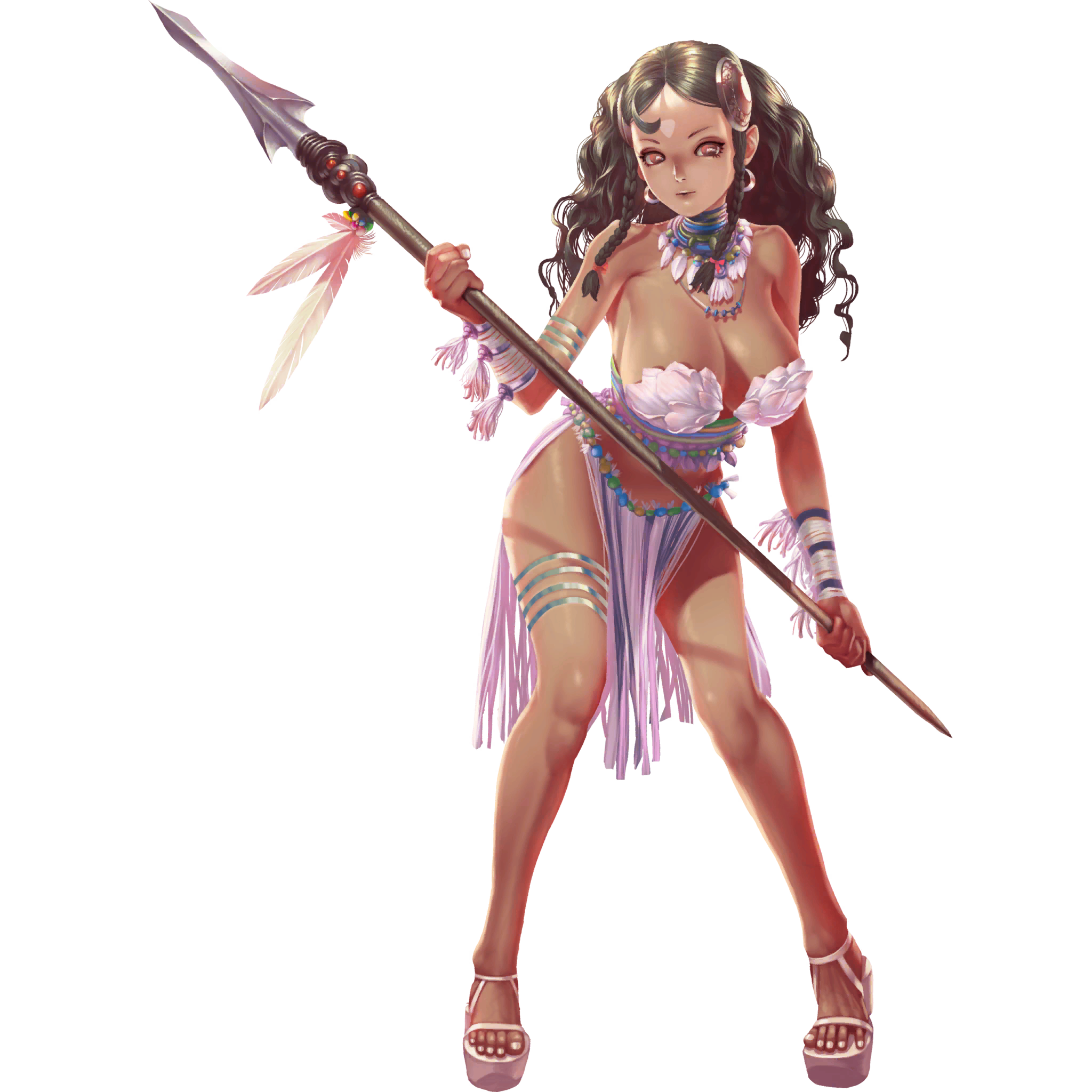 crystal maiden (series), artist request, bad source, game cg, highres, official art, third-party source, variant set, 1girl, bare arms, bare legs, bare shoulders, braid, breasts, brown eyes, brown hair, cleavage, closed mouth, collar, dark skin, earrings, eloe (crystal maidens), feathers, full body, holding, holding polearm, holding weapon, jewelry, large breasts, loincloth, necklace, polearm, solo, spear, transparent background, tribal, weapon