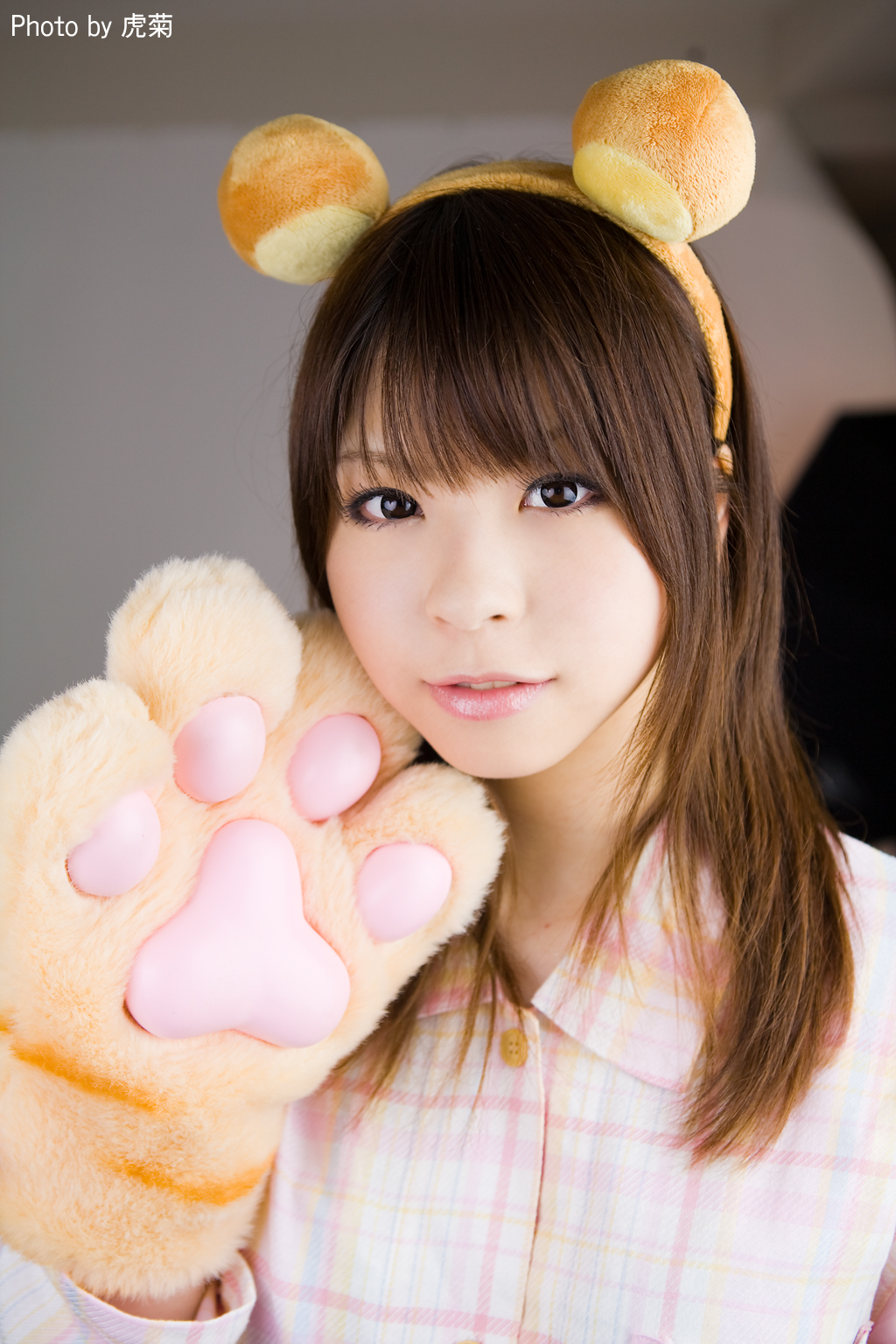 katou mari, highres, photo (medium), animal ears, animal hands, bear ears, cosplay, pajamas