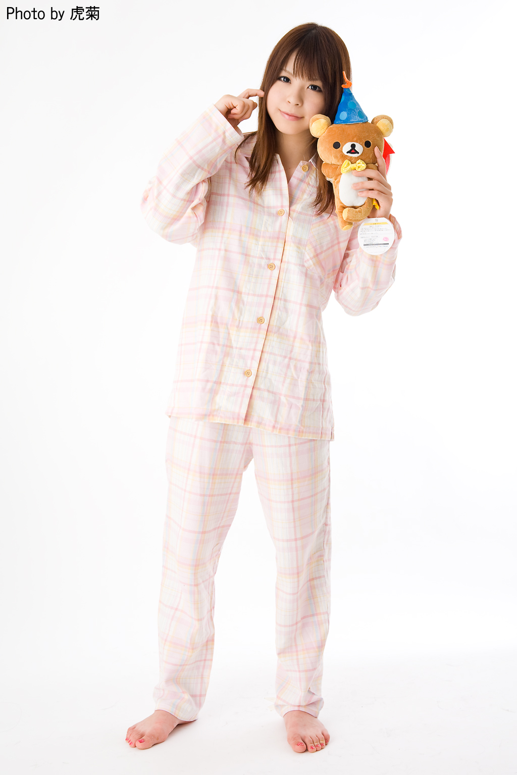 katou mari, highres, photo (medium), tagme, pajamas, stuffed animal, stuffed toy, teddy bear