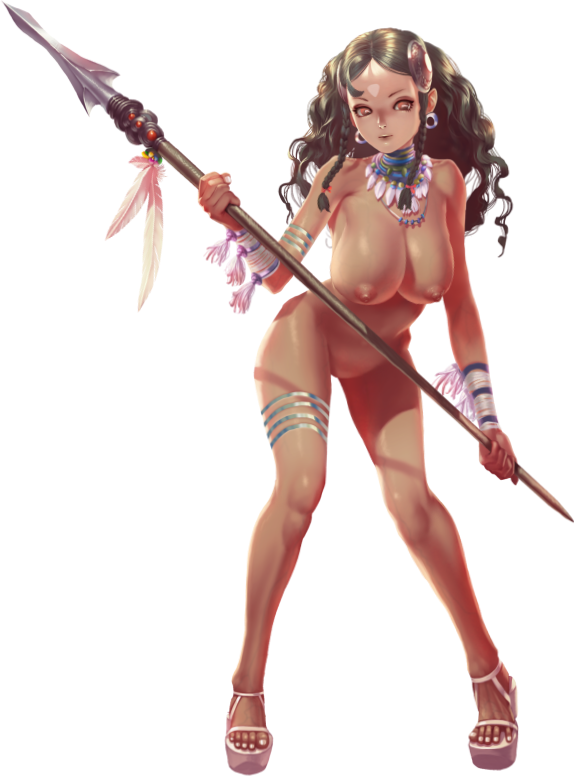 crystal maiden (series), artist request, game cg, official art, variant set, 1girl, braid, breasts, brown eyes, brown hair, closed mouth, collar, dark skin, earrings, eloe (crystal maidens), feathers, full body, groin, holding, holding polearm, holding weapon, jewelry, large breasts, loincloth, necklace, nipples, nude, polearm, solo, spear, transparent background, tribal, weapon