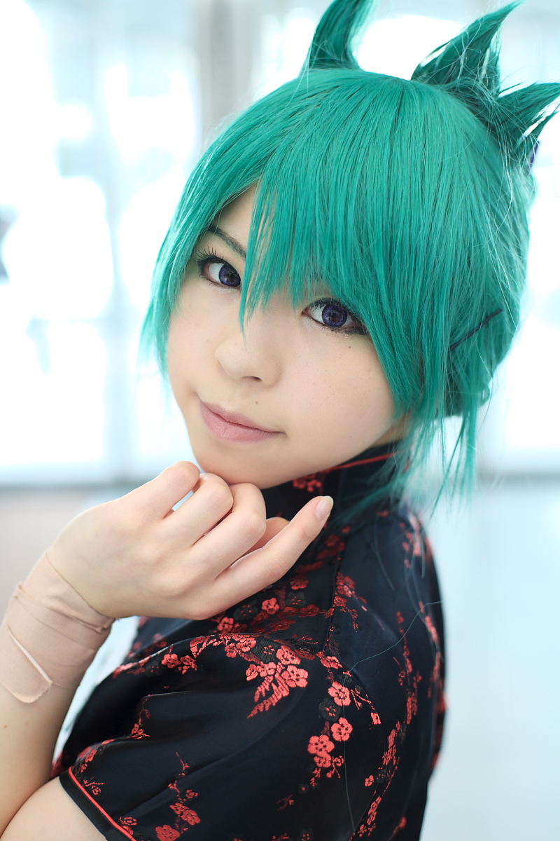 katou mari, character request, highres, photo (medium), source request, china dress, chinese clothes, cosplay, dress, green hair