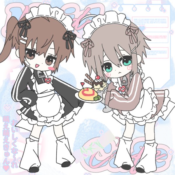 mamiya hasaki, minakami yuki, subarashiki hibi, commentary request, korean commentary, 2girls, :<, :d, alternate costume, apron, aqua eyes, black jacket, black ribbon, black skirt, blush stickers, brown eyes, brown hair, brown jacket, brown ribbon, brown skirt, chibi, chibi only, closed mouth, enmaided, eyebrows hidden by hair, food, frilled apron, frilled skirt, frills, frown, full body, hair between eyes, hair ornament, hair ribbon, hairclip, hand on own hip, hand up, heart, holding, holding food, iwillsaveyouso, jacket, jersey maid, kneehighs, leaning forward, long hair, looking at viewer, loose socks, maid, maid apron, maid headdress, medium hair, miniskirt, multiple girls, omelet, omurice, open mouth, parallel hairclips, parfait, ribbon, sidelocks, simple background, skirt, sleeves past fingers, sleeves past wrists, smile, socks, unconventional maid, white apron, white background, white socks, wide sleeves
