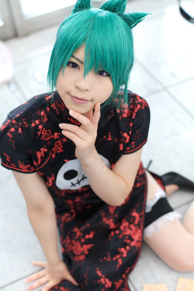 katou mari, character request, highres, photo (medium), source request, china dress, chinese clothes, cosplay, dress, green hair